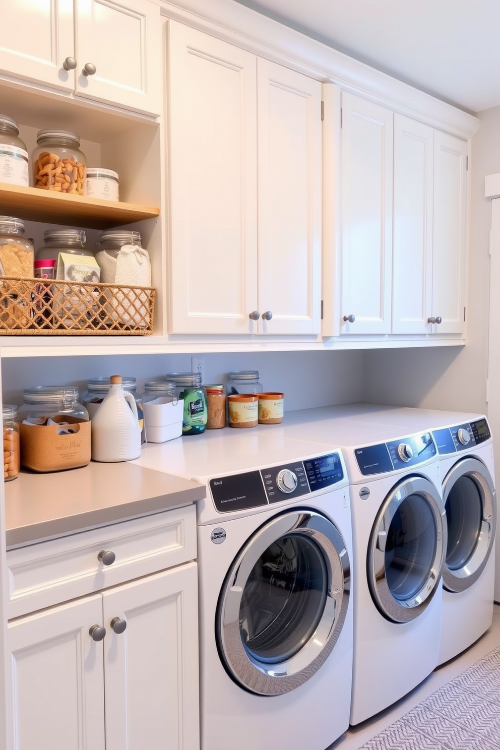 A functional and stylish laundry room featuring clear jars for organized storage of laundry supplies. The space is bright and airy, with white cabinetry and a light gray countertop that complements the overall design.