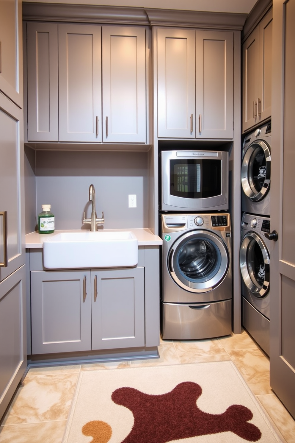 A stylish kitchen laundry room design featuring a dedicated pet washing station. The space includes a modern sink with a detachable sprayer, surrounded by custom cabinetry in a soft gray finish. On the opposite side, there are stacked washer and dryer units, seamlessly integrated into the cabinetry. The floor is adorned with durable, water-resistant tiles in a light beige color, and a cheerful pet-themed rug adds a pop of color.