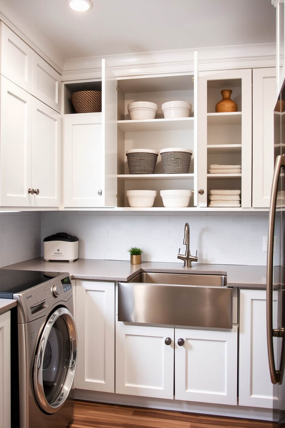 A modern kitchen laundry room features open cabinetry for easy access to essentials. The cabinets are painted in a soft white, complementing the sleek stainless steel appliances and a large farmhouse sink.