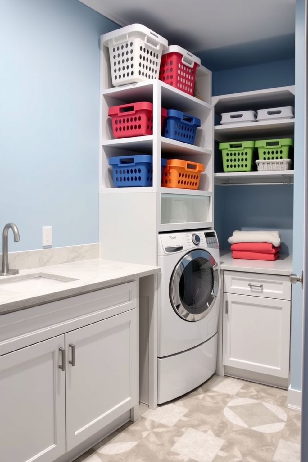 A modern laundry room featuring a color-coordinated laundry basket system arranged neatly on a custom-built shelving unit. The walls are painted in a soft blue hue, and the floor is covered with light gray tiles for a clean and fresh look. Incorporate a spacious countertop made of quartz for folding clothes and sorting laundry. A stackable washer and dryer are seamlessly integrated into the cabinetry, providing an efficient and stylish laundry solution.