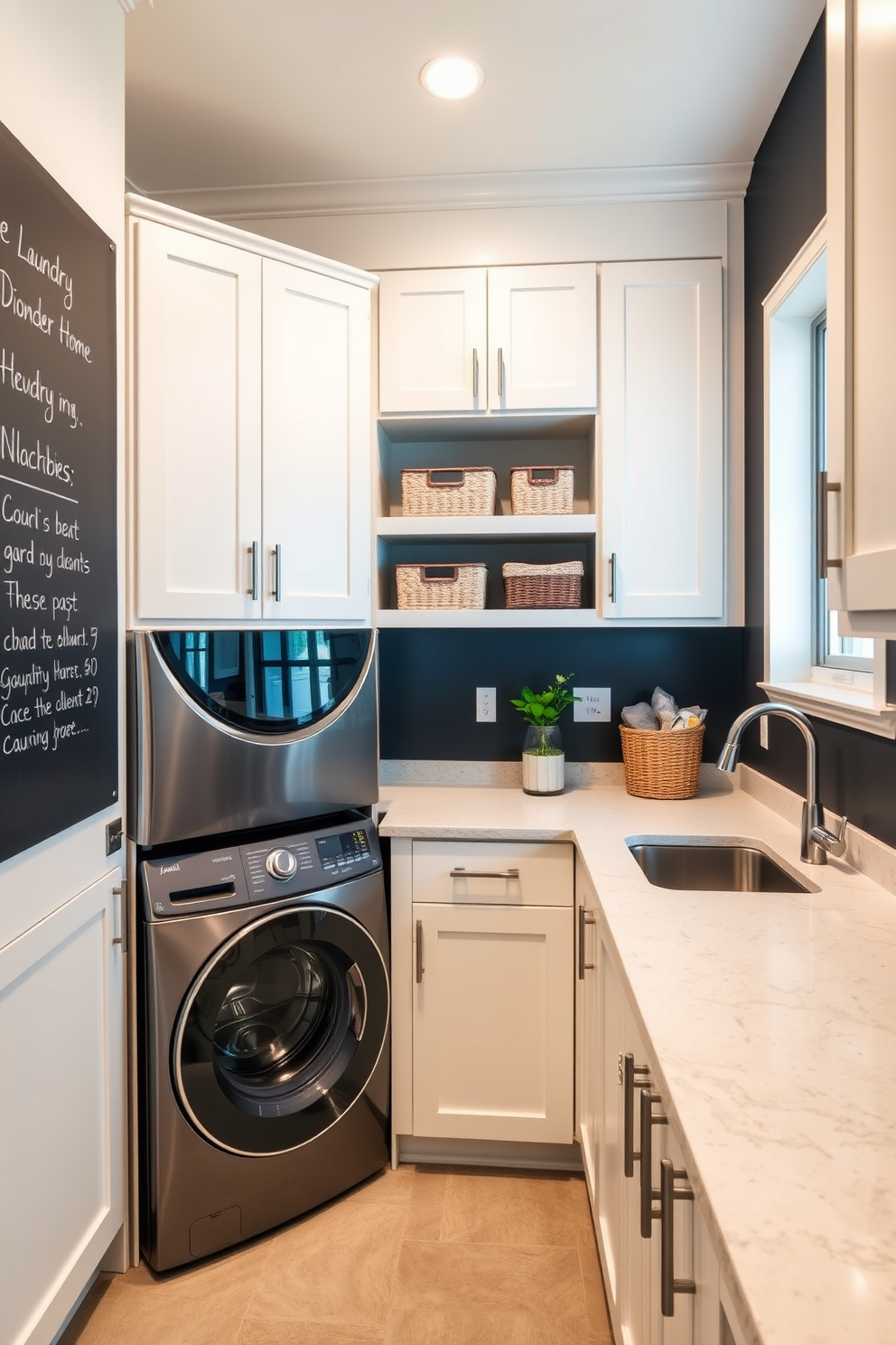 A modern kitchen laundry room that features a chalkboard wall for notes and reminders. The space includes sleek white cabinetry, a stainless steel sink, and a stackable washer and dryer tucked neatly into the corner. The countertops are made of durable quartz with a subtle veining pattern, providing ample workspace. Decorative baskets are placed on the shelves for organizing laundry supplies, and a small potted plant adds a touch of greenery to the room.