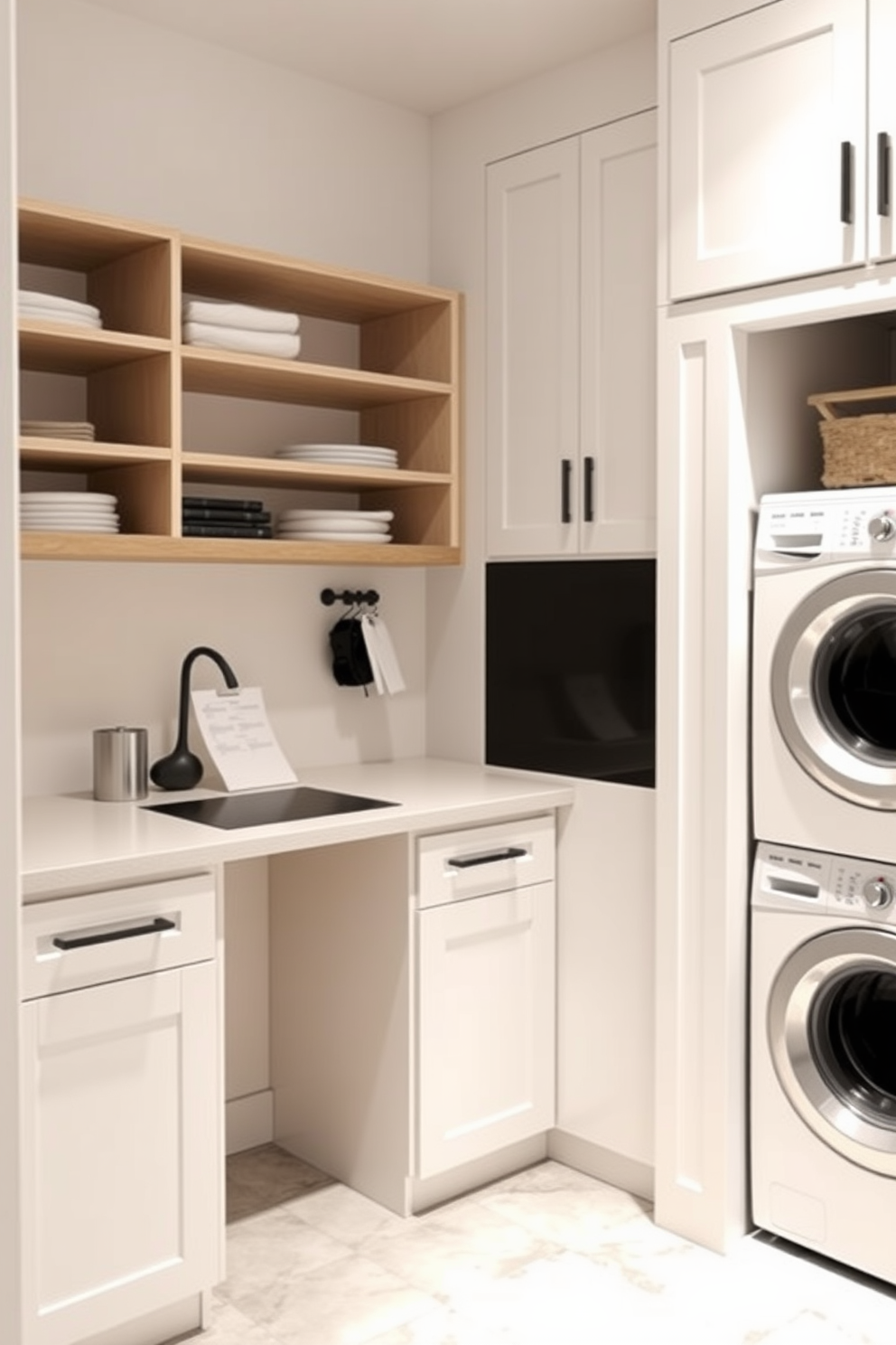 A bright and inviting laundry area features cheerful yellow wallpaper adorned with playful patterns. The space includes a modern washer and dryer stacked for efficiency, with a white countertop for folding clothes. Colorful storage bins are neatly arranged on open shelves, providing both organization and a pop of color. A small potted plant adds a touch of greenery, enhancing the cheerful atmosphere of the room.