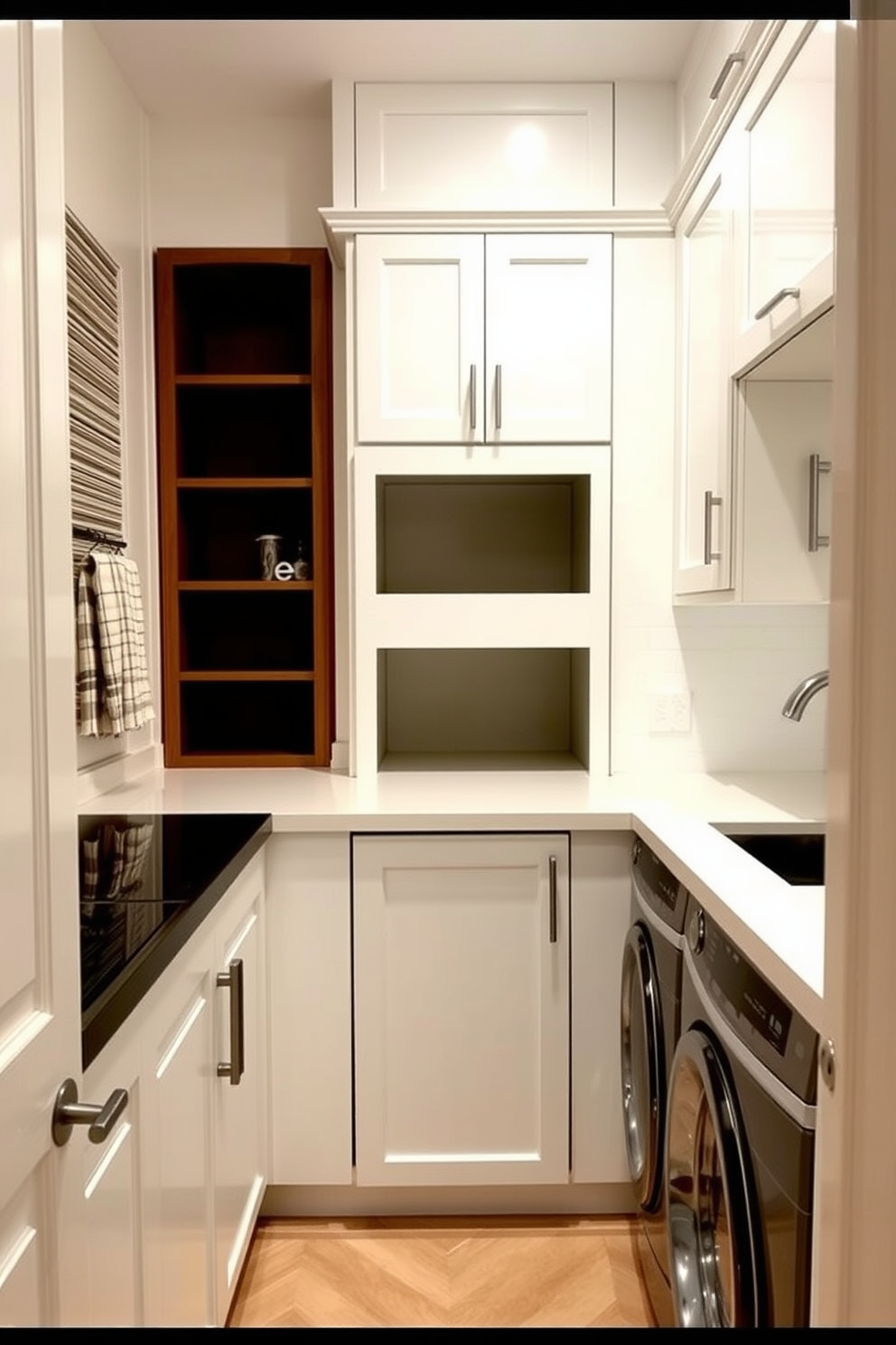 A stylish kitchen laundry room design that maximizes space and functionality. The room features a sleek countertop with a built-in laundry chute for convenience, making laundry tasks effortless. Bright white cabinetry lines the walls, complemented by a modern backsplash in soft pastel hues. A spacious sink is positioned next to the chute, with a stackable washer and dryer discreetly tucked away in a corner for a clean aesthetic.