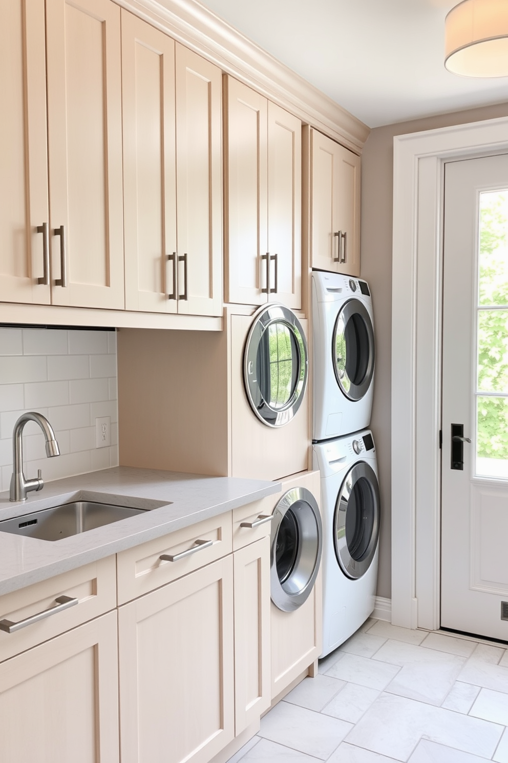 A modern kitchen laundry room featuring a creative use of magnetic strips to organize tools and utensils. The walls are painted in a crisp white, with sleek cabinetry providing ample storage space. Magnetic strips are mounted above the countertop, holding various kitchen tools and laundry accessories for easy access. The floor is adorned with light gray tiles, and a stylish laundry basket sits neatly in the corner.