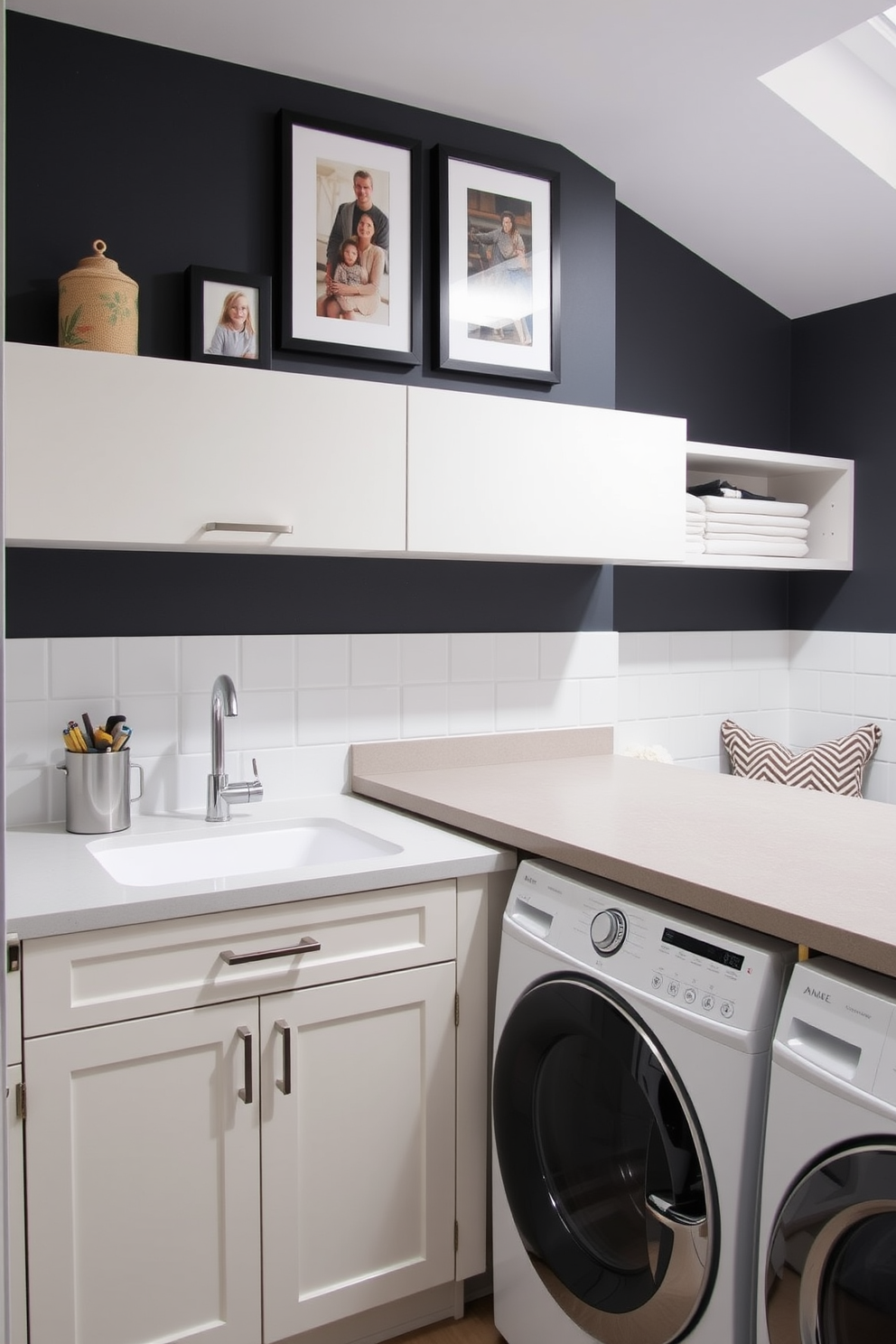 A stylish kitchen laundry room featuring a feature wall adorned with framed family photos. The space includes sleek cabinetry with a modern finish, and a practical countertop for folding laundry, complemented by a cozy seating nook.