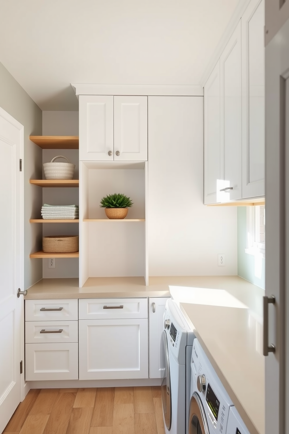 A modern kitchen laundry room that seamlessly integrates functionality and style. The space features a combination of open shelving and closed cabinetry, with sleek white finishes and warm wooden accents. On one side, there is a spacious countertop for folding laundry, complemented by a stylish backsplash in a soft pastel hue. The room is illuminated by natural light streaming in through a window, enhancing the inviting atmosphere.