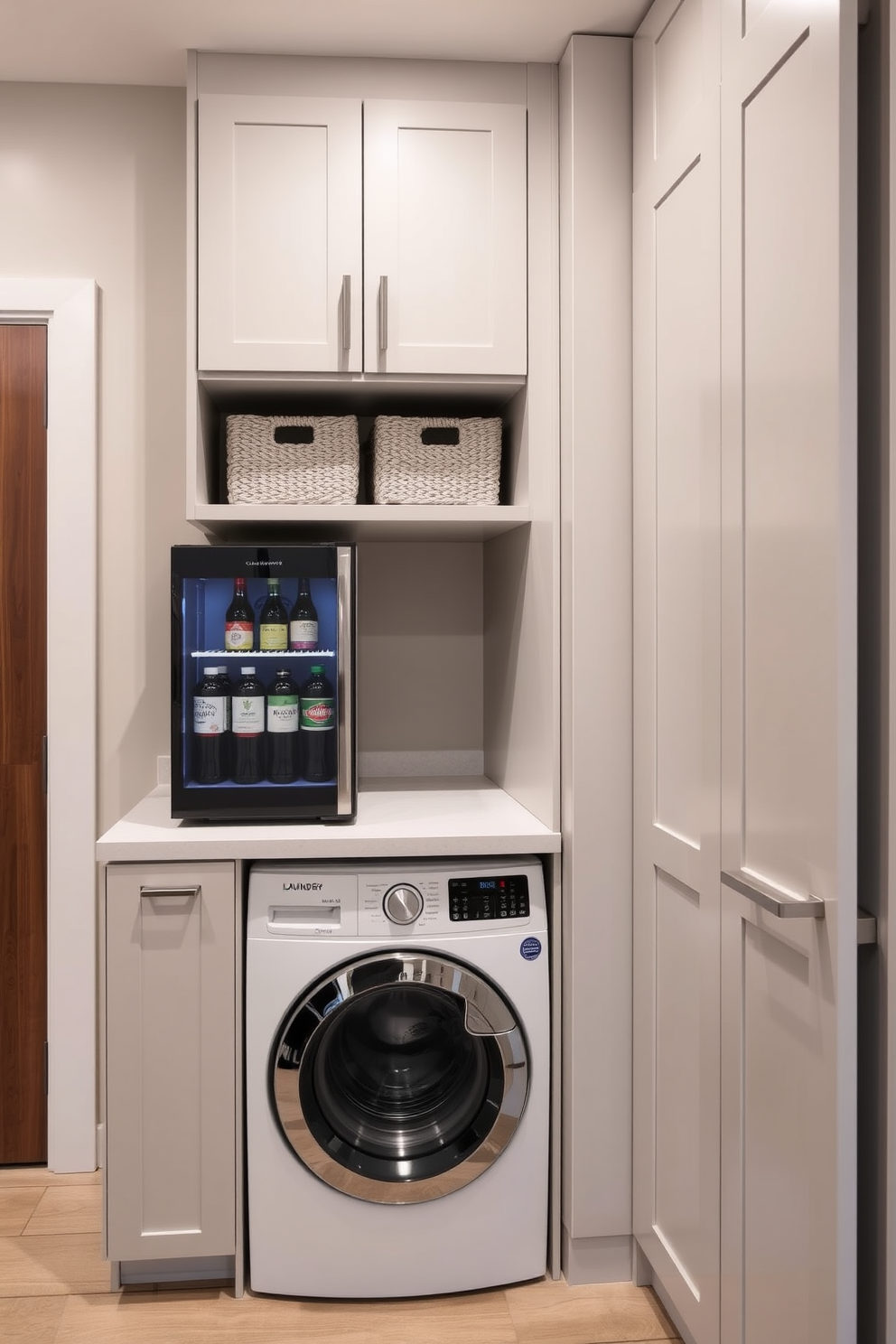 A modern kitchen laundry room design features a compact layout that efficiently integrates a small fridge for beverages. The cabinetry is sleek and contemporary, with a neutral color palette that complements the space. The laundry area includes a stacked washer and dryer, neatly tucked away behind stylish doors. A countertop above the appliances provides ample space for folding clothes, while decorative storage baskets keep essentials organized.