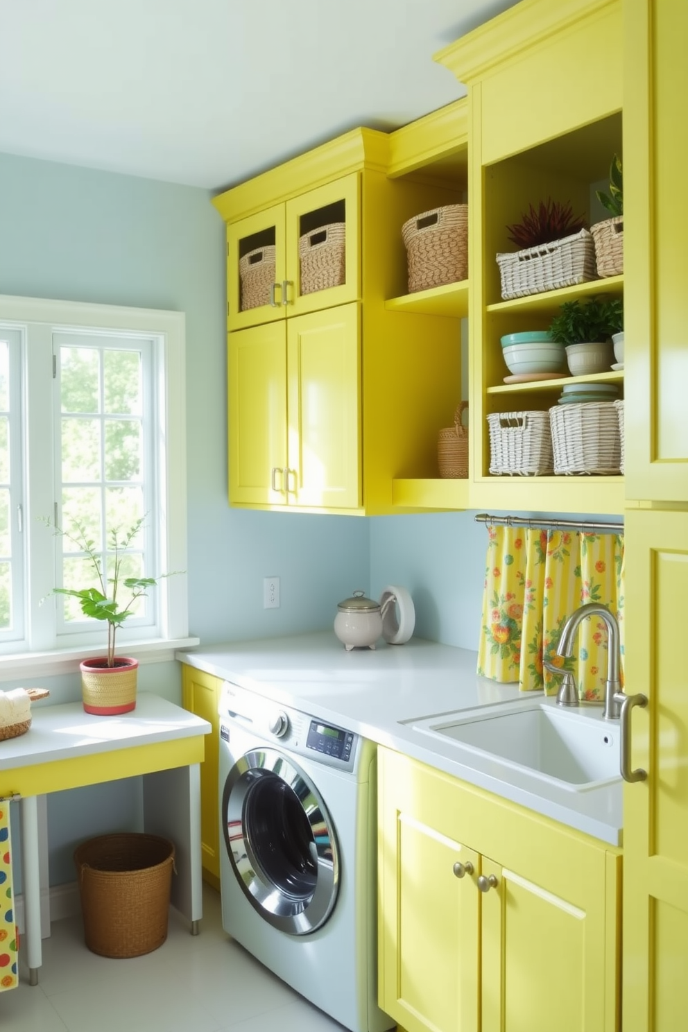 A bright and cheerful kitchen laundry room features vibrant yellow cabinets paired with a white countertop. The walls are painted in a light blue hue, creating a refreshing atmosphere with plenty of natural light streaming through large windows. In the laundry area, a spacious white sink is positioned next to a stackable washer and dryer, both neatly tucked away behind colorful curtains. Decorative shelves above hold neatly organized baskets and potted plants, adding a touch of greenery to the lively space.