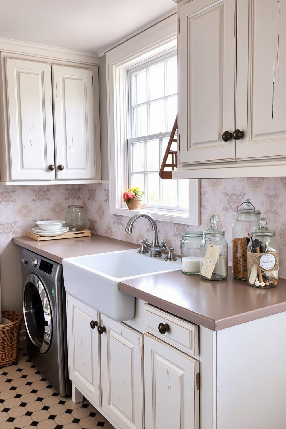 A vintage kitchen laundry room with charming decor. The space features distressed white cabinets and a farmhouse sink, complemented by a patterned backsplash in soft pastel colors. A vintage wooden drying rack is placed near a window, allowing natural light to brighten the room. Decorative jars filled with laundry essentials sit on the countertop, adding a touch of nostalgia and warmth.