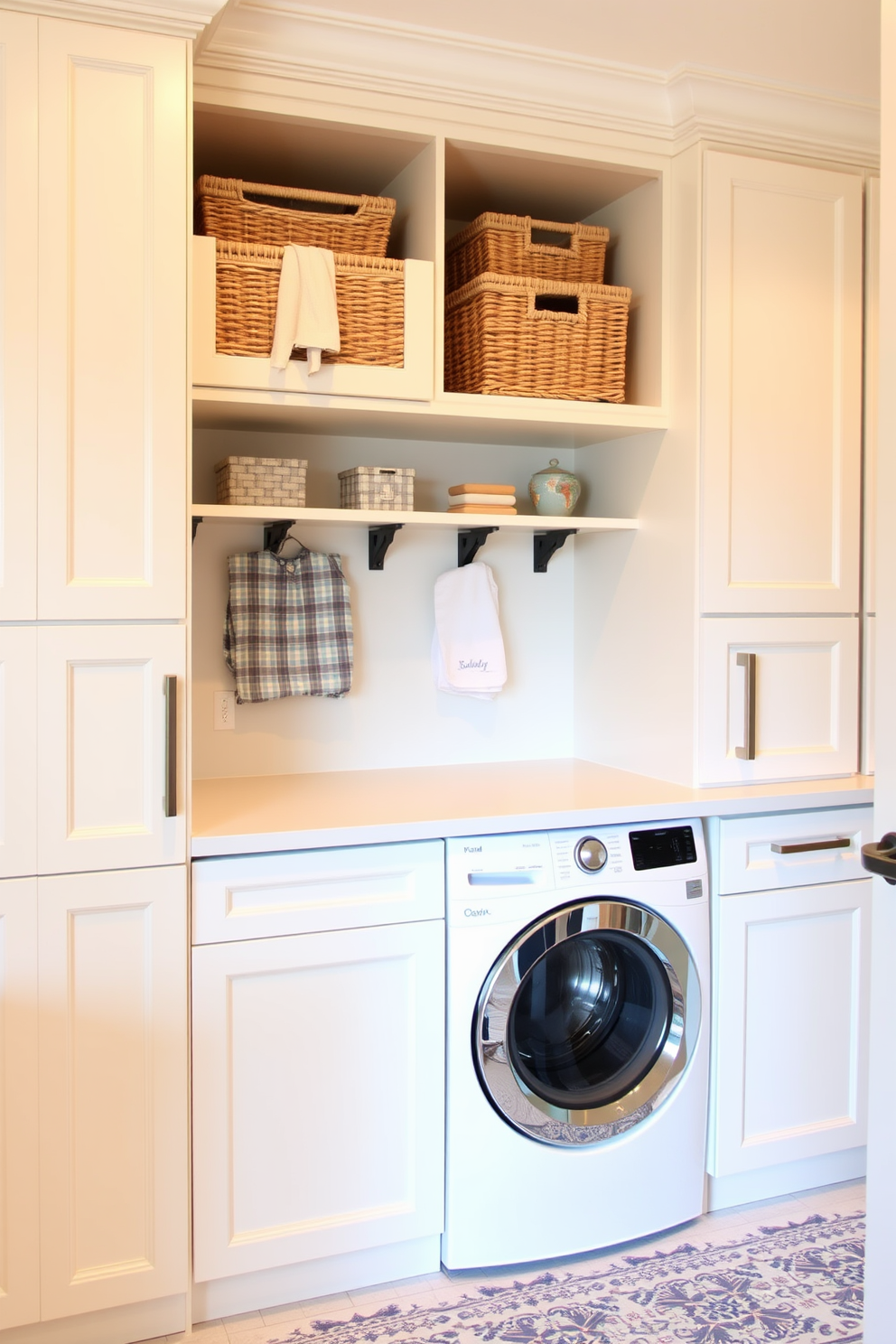 A functional kitchen laundry room features a folding station seamlessly integrated with stylish cabinets. The cabinets are finished in a soft white hue, providing a bright and airy feel to the space. The folding station is equipped with a smooth countertop, perfect for sorting and folding laundry. Above the station, open shelving displays neatly organized baskets and decorative items for added charm.