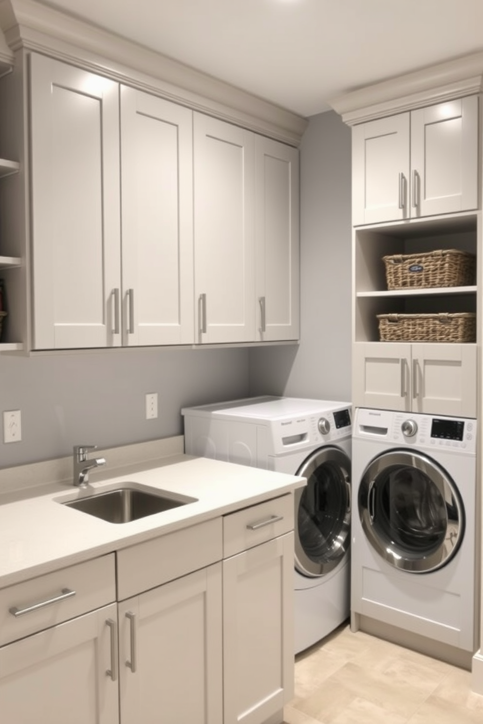 A functional kitchen laundry room that seamlessly blends style and utility. The space features a modern countertop with a built-in sink and sleek cabinetry, complemented by decorative baskets for organization. The walls are painted in a soft gray hue, creating a calming atmosphere. A stylish washer and dryer are tucked away behind matching cabinet doors, ensuring a tidy appearance while maintaining easy access.