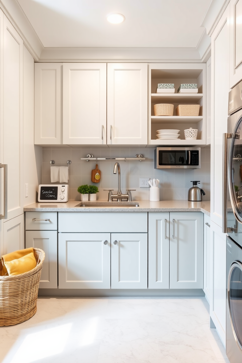 A stylish kitchen laundry room features a deep utility sink seamlessly integrated into a custom cabinetry setup. The room is designed with modern appliances, ample storage space, and a bright, airy color palette that enhances functionality and aesthetics.