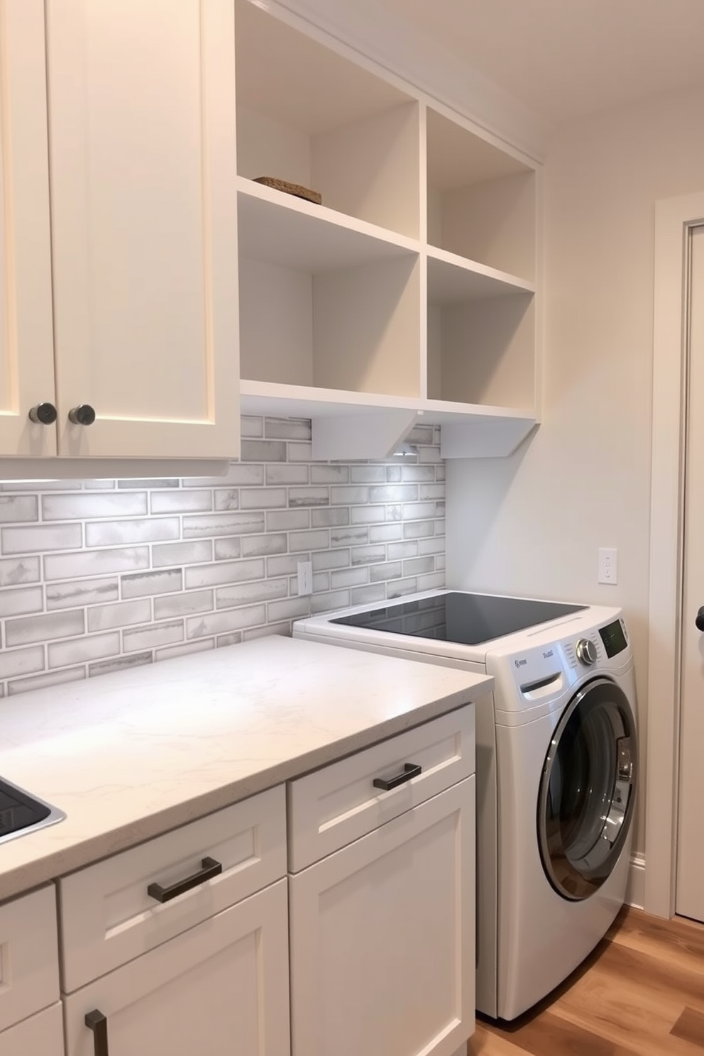 A hidden laundry nook is cleverly concealed behind sleek cabinet doors in a modern kitchen. The space features a compact washer and dryer, with ample shelving above for laundry essentials and decorative storage baskets.