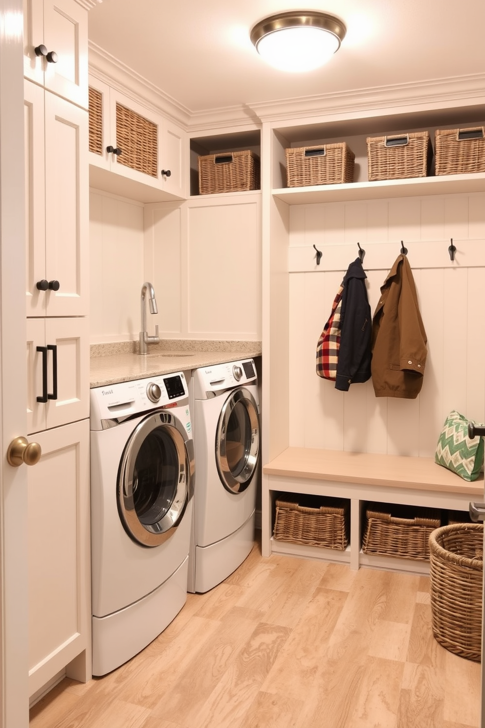 A modern kitchen featuring vertical storage solutions designed for small spaces. Sleek cabinetry extends to the ceiling, maximizing storage while maintaining a clean aesthetic. In the laundry room, innovative shelving units are installed above the washer and dryer. Bright colors and organized bins create a cheerful and functional environment.