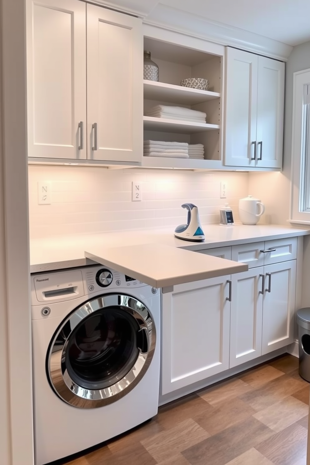 A modern kitchen laundry room that seamlessly integrates functionality and style. The space features a sleek countertop with a built-in pull-out ironing board, providing convenience for everyday tasks. The cabinetry is finished in a soft white with brushed nickel hardware, creating a clean and bright atmosphere. A stylish washer and dryer set is nestled beneath the countertop, accompanied by open shelving for easy access to laundry supplies.