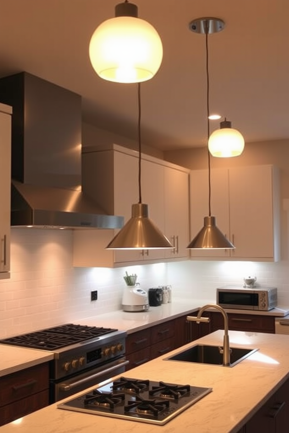 A modern kitchen with task lighting focused on the cooking area. Sleek pendant lights hang above the island, illuminating the countertop for meal preparation. Under-cabinet lights provide additional brightness for the cooking surfaces. The warm glow of the fixtures creates an inviting atmosphere while enhancing functionality.