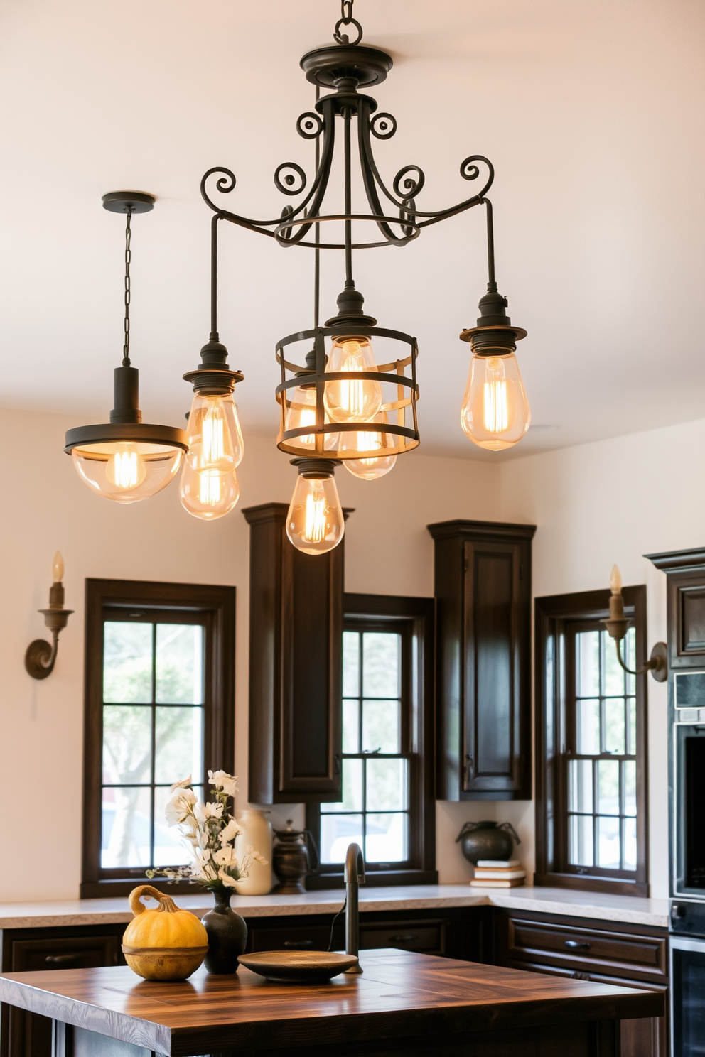 A cozy kitchen illuminated by vintage bulbs hanging from a reclaimed wood beam. The warm glow of the lights enhances the rustic charm of the space, complementing the farmhouse sink and distressed cabinetry.