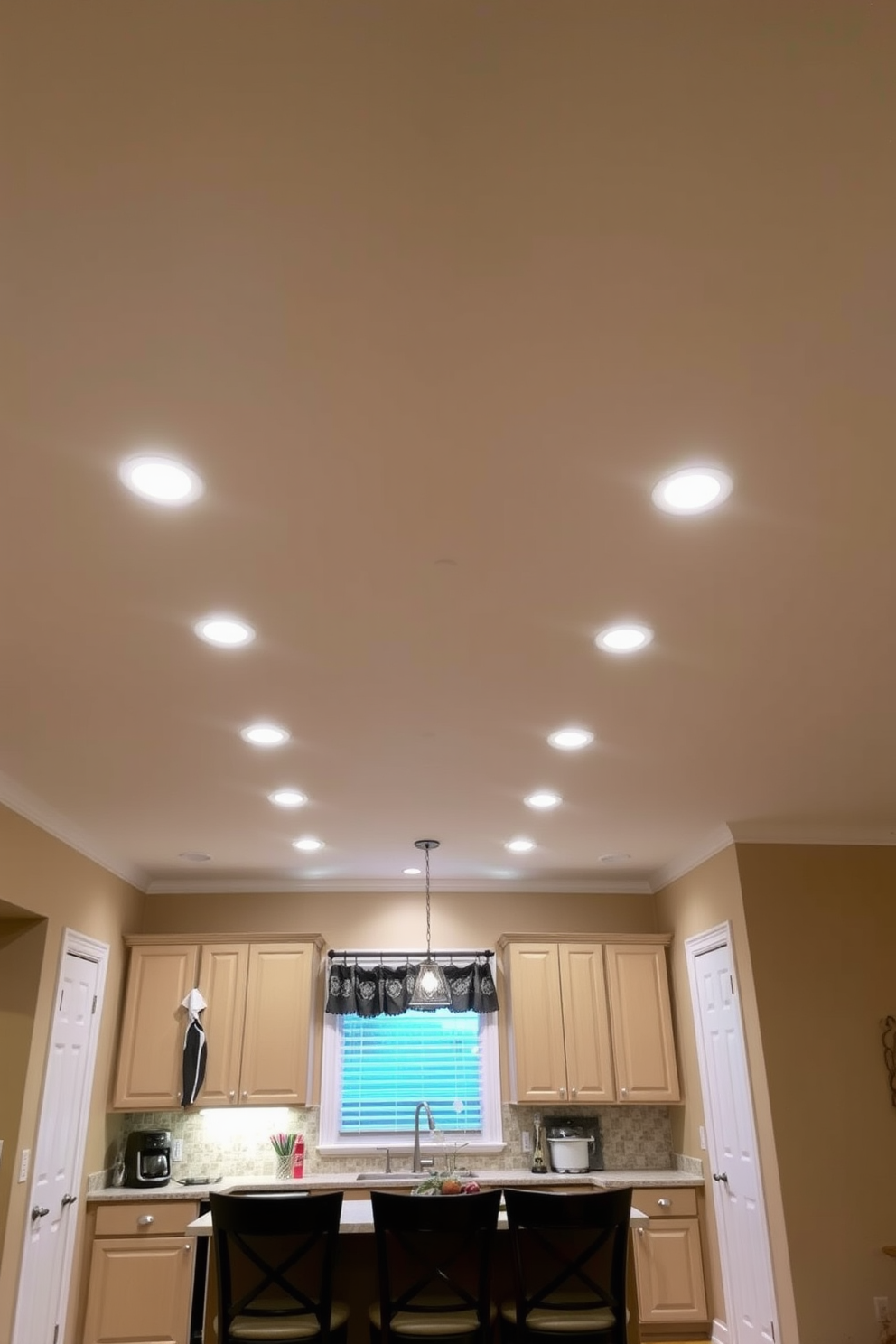 A cozy kitchen illuminated by flush mount fixtures designed for low ceilings. The fixtures provide a warm glow, enhancing the sleek cabinetry and the spacious countertop area. The walls are painted in a soft white, creating an airy atmosphere. A stylish island in the center features bar stools, inviting casual dining and conversation.