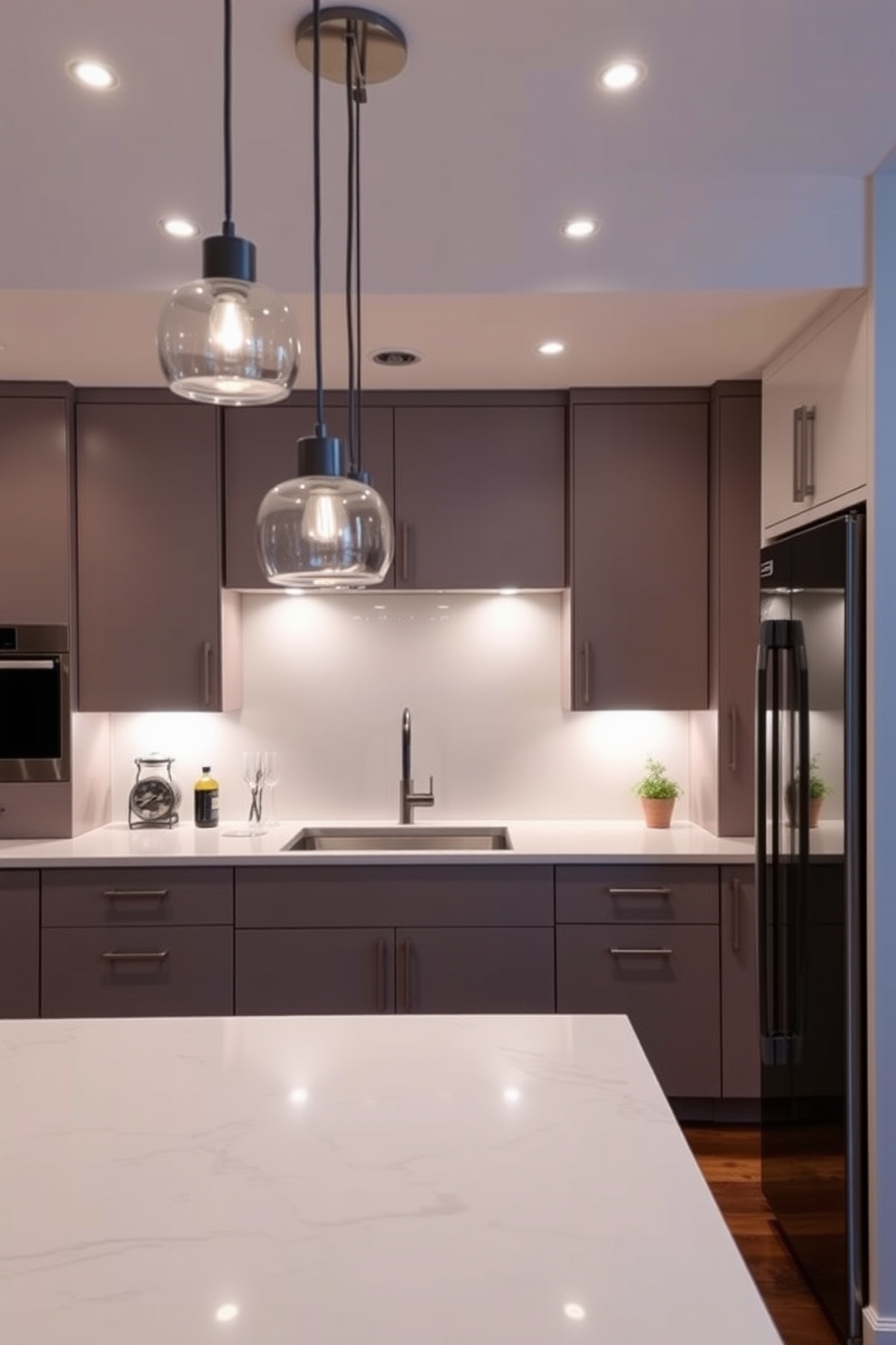 A sleek kitchen featuring smart lighting that adjusts according to the time of day. Recessed LED lights illuminate the countertops while pendant lights hang above the island, providing both functionality and style. The cabinetry is equipped with under-cabinet lighting that enhances the workspace. A smart control system allows the homeowner to customize brightness and color temperature for various cooking and entertaining scenarios.