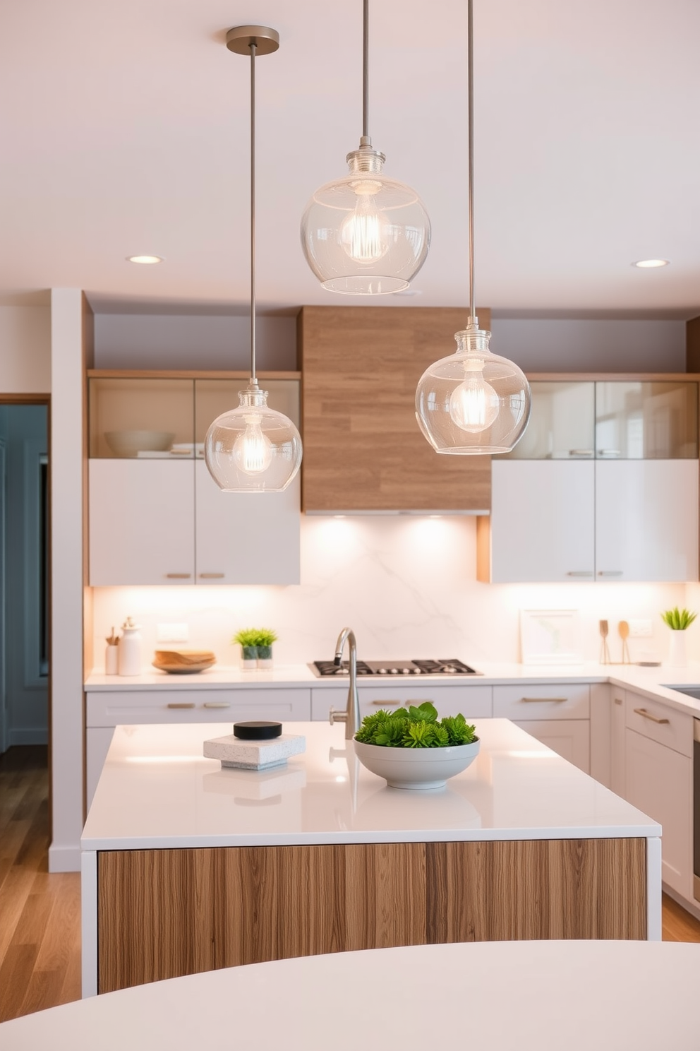 A modern kitchen illuminated by elegant glass pendant lights that hang gracefully above a spacious island. The warm glow from the lights enhances the sleek cabinetry and complements the natural wood accents throughout the space.