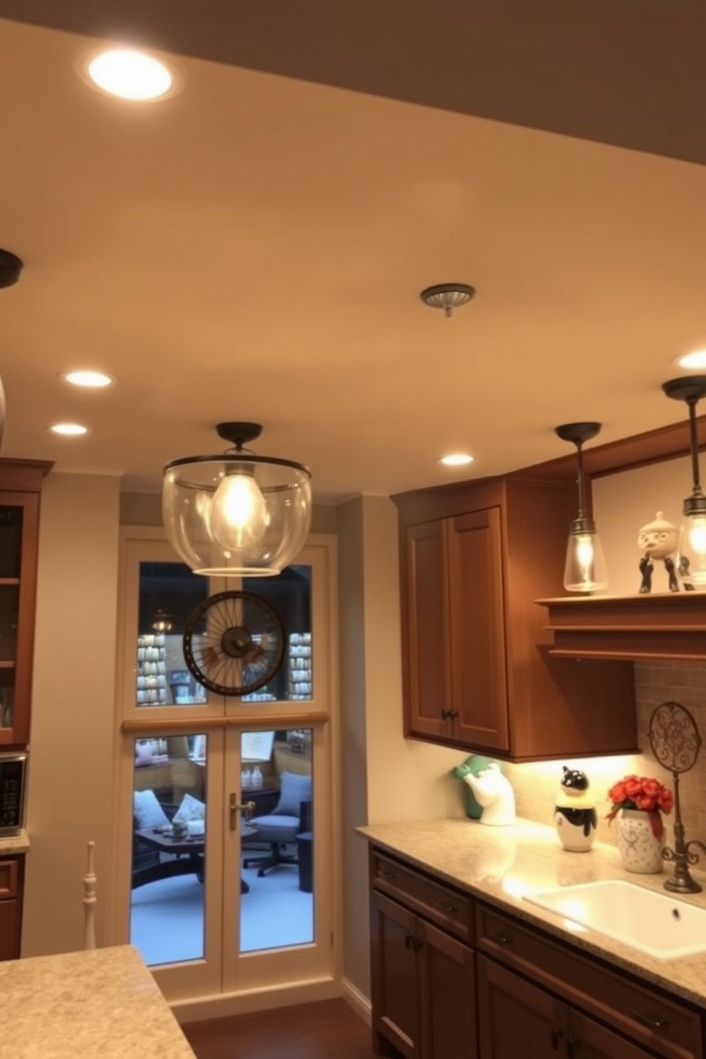 A well-designed kitchen features layered lighting that enhances both functionality and aesthetics. Pendant lights hang above the kitchen island, providing focused illumination, while recessed ceiling lights offer ambient lighting throughout the space. Under-cabinet lighting highlights countertops, making meal prep easier and safer. A decorative chandelier can be placed over the dining area to add a touch of elegance and warmth to the overall design.