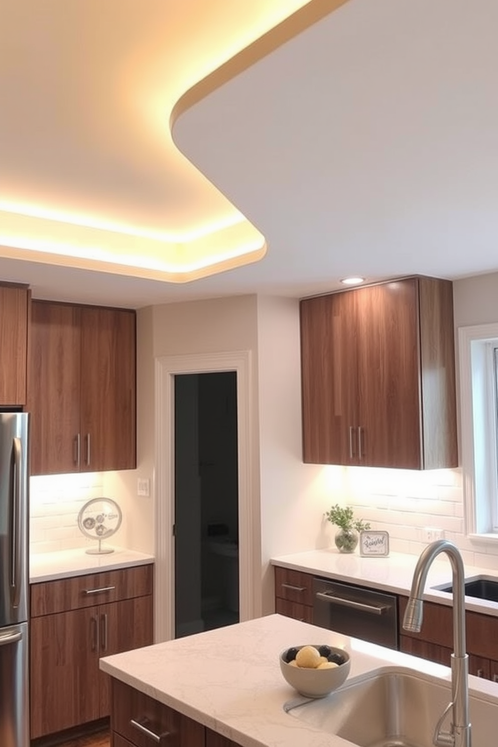 A modern kitchen featuring glass pendant lights suspended above a spacious island. The lights cast a warm glow, enhancing the airy atmosphere of the room. The kitchen is designed with sleek cabinetry and a minimalist aesthetic. Natural light pours in through large windows, complementing the elegant lighting design.