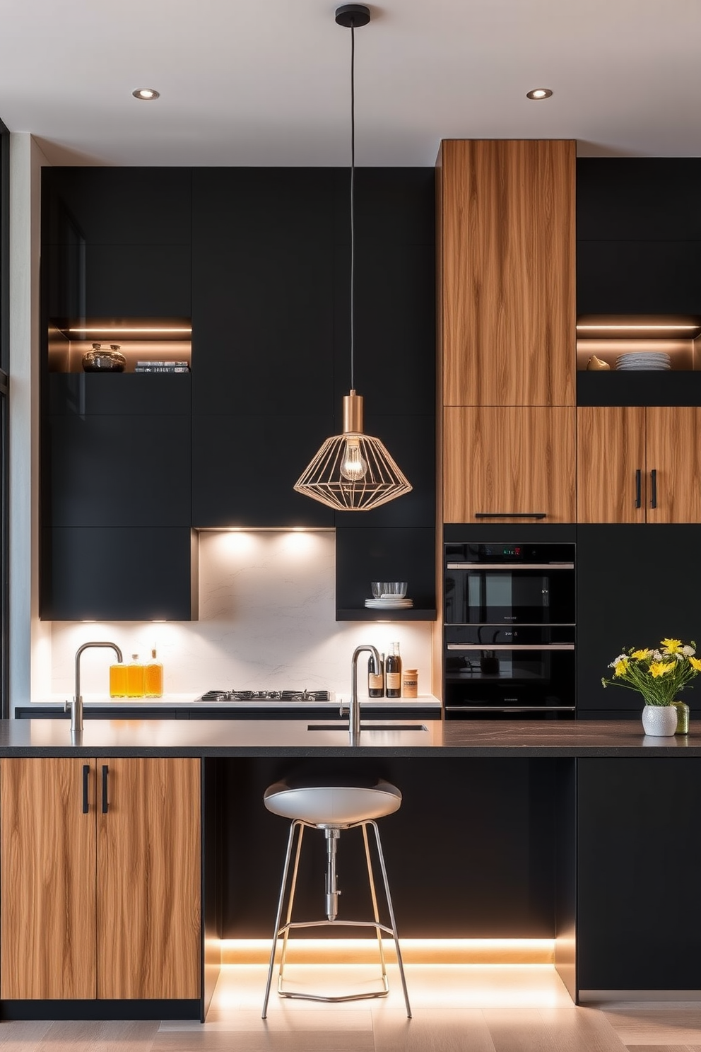 A bright and functional kitchen work area features under-cabinet task lighting that illuminates the countertop. Pendant lights hang above the island, creating a warm ambiance and ensuring ample light for meal preparation. The cabinetry is a sleek white with brushed nickel hardware, complemented by a light gray backsplash. A large window allows natural light to flood the space, enhancing the overall brightness and inviting atmosphere.