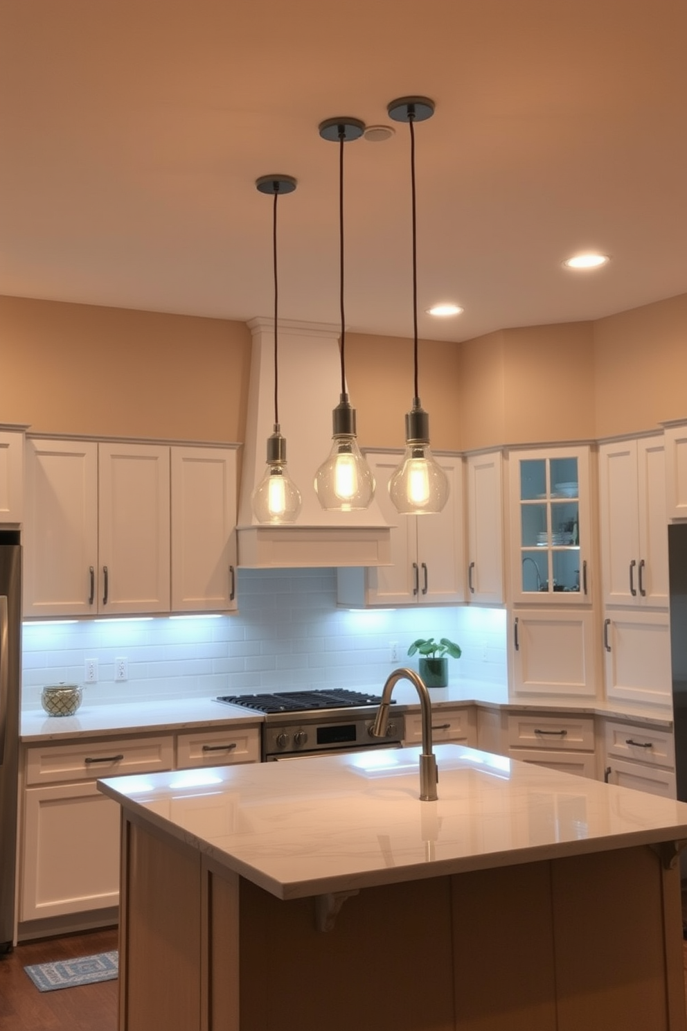 A sleek kitchen featuring smart lighting integrated into the cabinetry and under the countertops. Pendant lights hang above the island, providing both illumination and a modern aesthetic. Recessed lighting is strategically placed in the ceiling to enhance the overall brightness and functionality of the space. The color temperature of the lights is adjustable, allowing for a warm ambiance during meals and bright light for cooking.