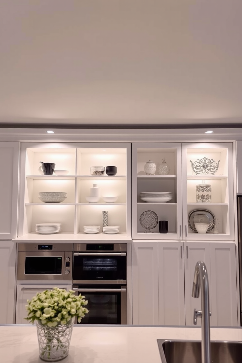 A contemporary kitchen with wall-mounted lights that illuminate the workspace effectively. The lights are sleek and modern, positioned above the countertops to create a warm and inviting atmosphere. The cabinetry features a mix of open shelves and closed storage, showcasing stylish dishware and decorative items. A minimalist color palette of white and soft gray enhances the overall elegance of the kitchen.