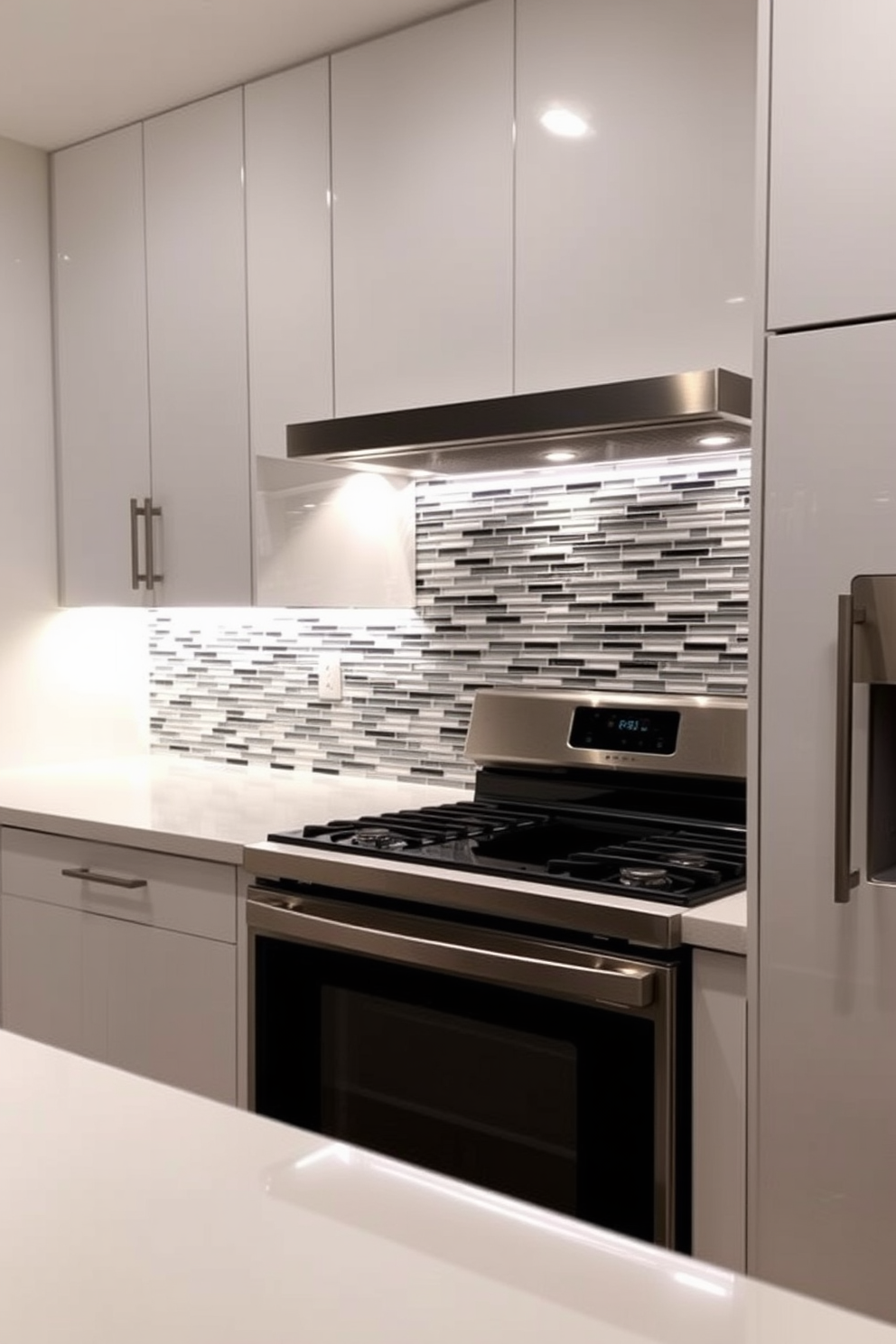 A modern kitchen featuring under cabinet LED strip lighting that casts a warm glow across the countertops. The sleek cabinets are finished in a high-gloss white, complementing the stainless steel appliances and creating a clean, contemporary look. The LED strips are strategically placed to highlight the textures of the backsplash, which is a mix of glass and ceramic tiles. Soft shadows play across the surfaces, enhancing the overall ambiance and functionality of the space.