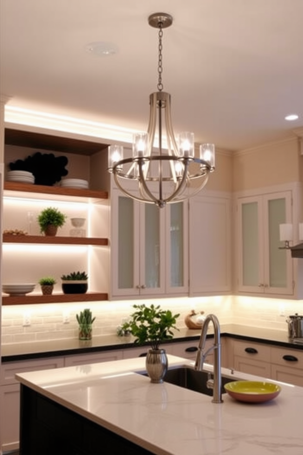 Accent lighting for open shelving creates a warm and inviting atmosphere. Soft LED strip lights illuminate the shelves, highlighting decorative dishes and plants. Kitchen lighting design ideas incorporate a mix of recessed lights and pendant fixtures. A stylish chandelier hangs above the island, providing both task lighting and a focal point.