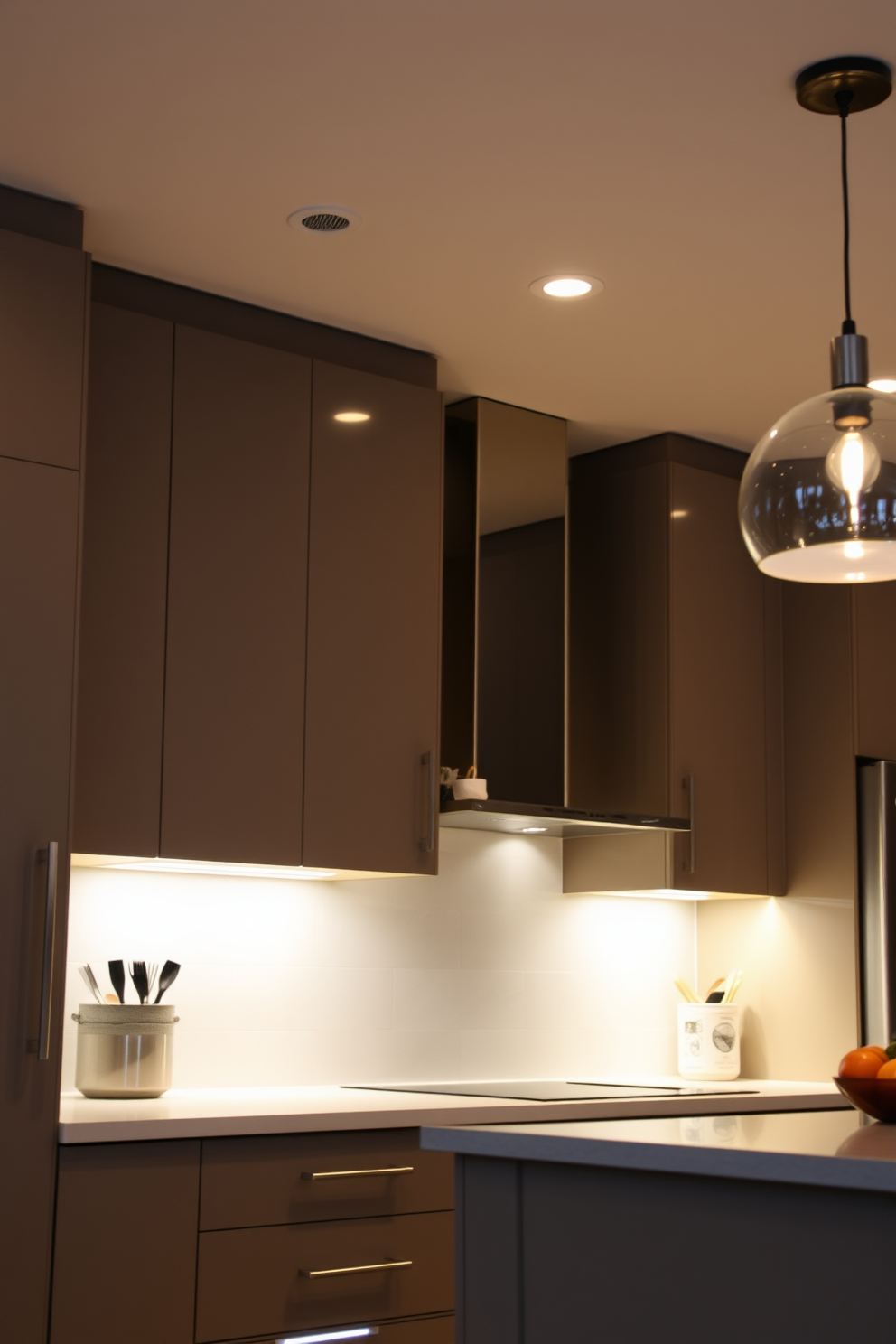 A modern kitchen with ambient lighting under the shelves creating a warm glow. The shelves are filled with stylish dishware and cookbooks, enhancing the overall aesthetic of the space. Sleek pendant lights hang above the kitchen island, providing focused illumination for meal preparation. The combination of under-shelf lighting and pendant fixtures creates a layered lighting effect that adds depth to the kitchen design.