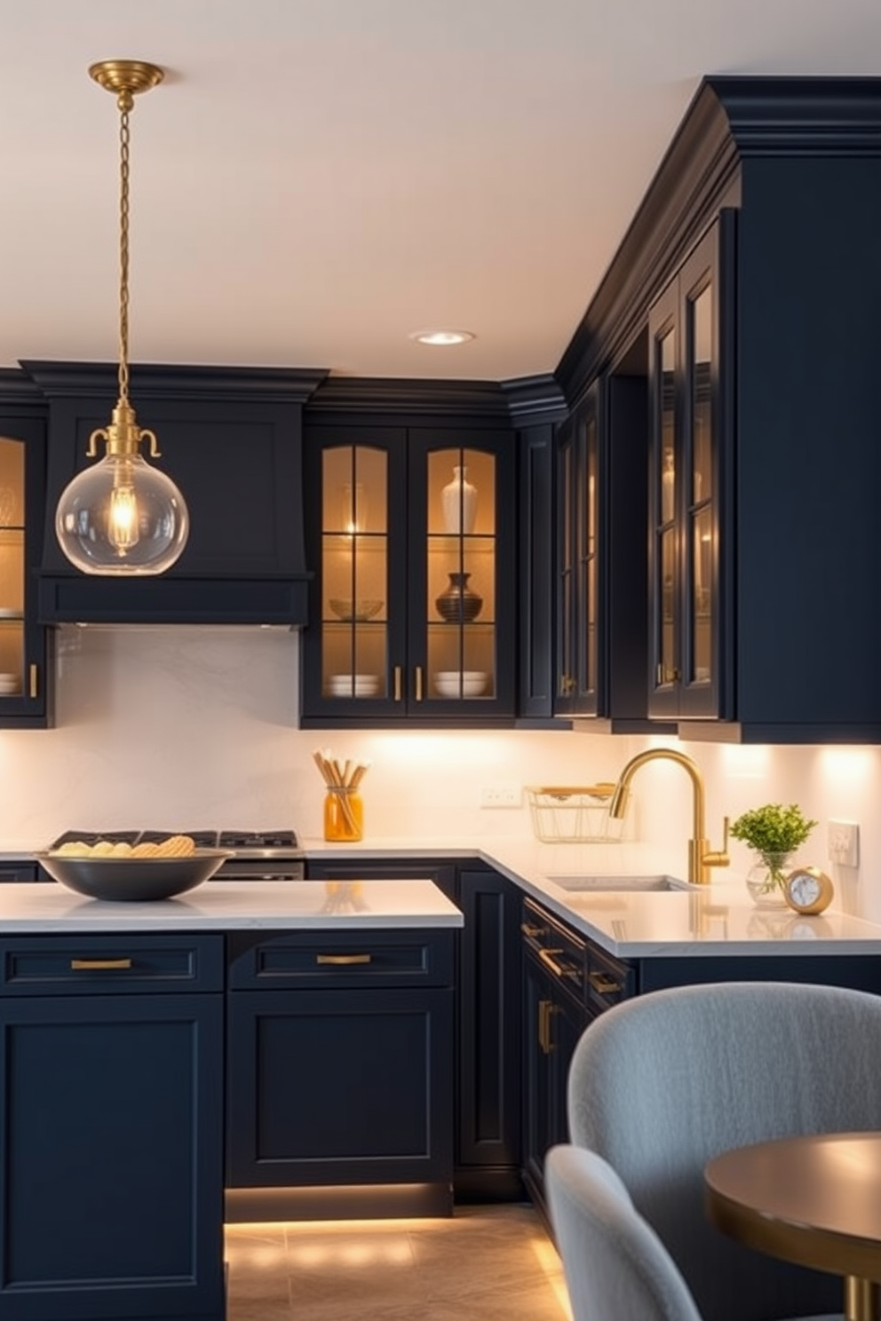 A modern kitchen space featuring elegant brass fixtures that accentuate the overall design. The lighting is soft and inviting, with pendant lights hanging gracefully above the island, creating a warm ambiance. The cabinetry is a rich navy blue, contrasting beautifully with the brass accents. Under-cabinet lighting illuminates the countertops, enhancing the functionality and style of the kitchen.