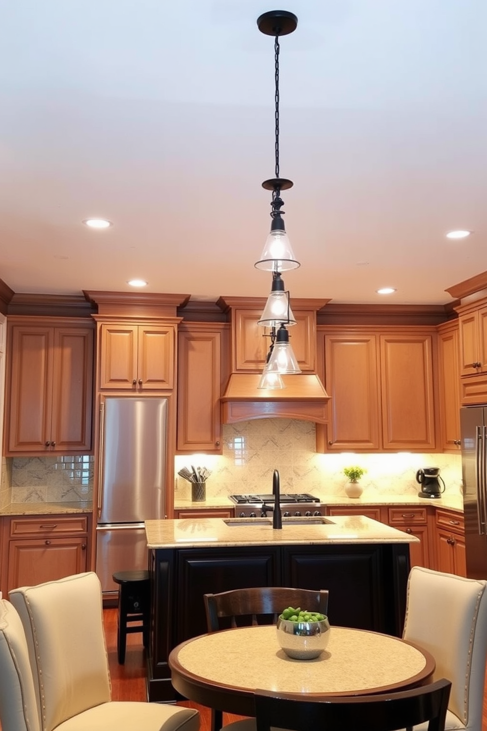 A kitchen illuminated by warm white bulbs creates a cozy and inviting atmosphere. Pendant lights hang above a spacious island, casting a soft glow over the surrounding seating area. Under-cabinet lighting highlights the beautiful backsplash while providing ample task lighting for meal prep. The overall effect is a harmonious blend of functionality and warmth, perfect for family gatherings and entertaining.