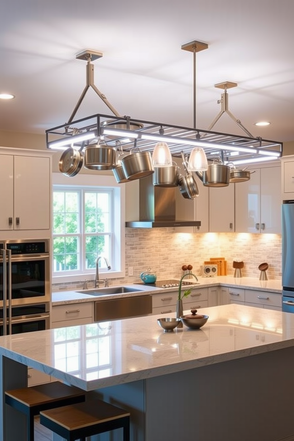 A modern kitchen featuring lighted pot racks that enhance both functionality and aesthetics. The racks are elegantly mounted above a spacious kitchen island, providing easy access to cookware while illuminating the workspace below. The lighting is warm and inviting, with pendant lights hanging above the island complementing the sleek design of the pot racks. The overall ambiance is a perfect blend of practicality and style, making the kitchen a welcoming space for cooking and entertaining.