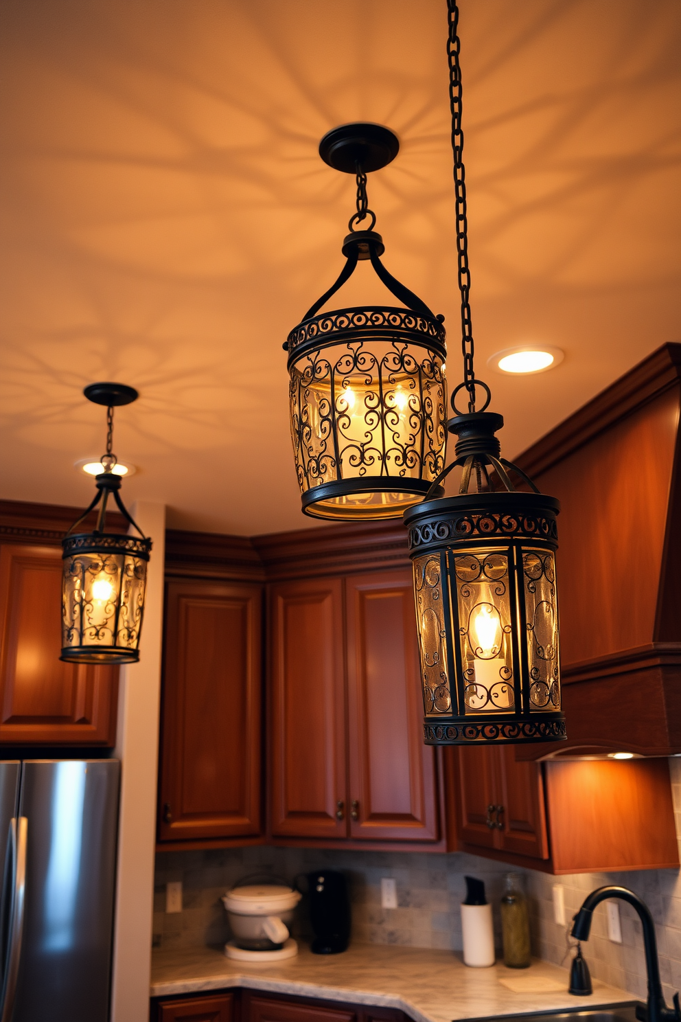 Create a cozy kitchen atmosphere featuring decorative lanterns hanging from the ceiling. The lanterns should be crafted from wrought iron with intricate designs, casting soft shadows on the walls and enhancing the overall aesthetic. Incorporate warm LED lights inside the lanterns to provide a welcoming glow while illuminating the kitchen workspace. The color palette should include earthy tones, complementing the wooden cabinetry and marble countertops for a harmonious look.