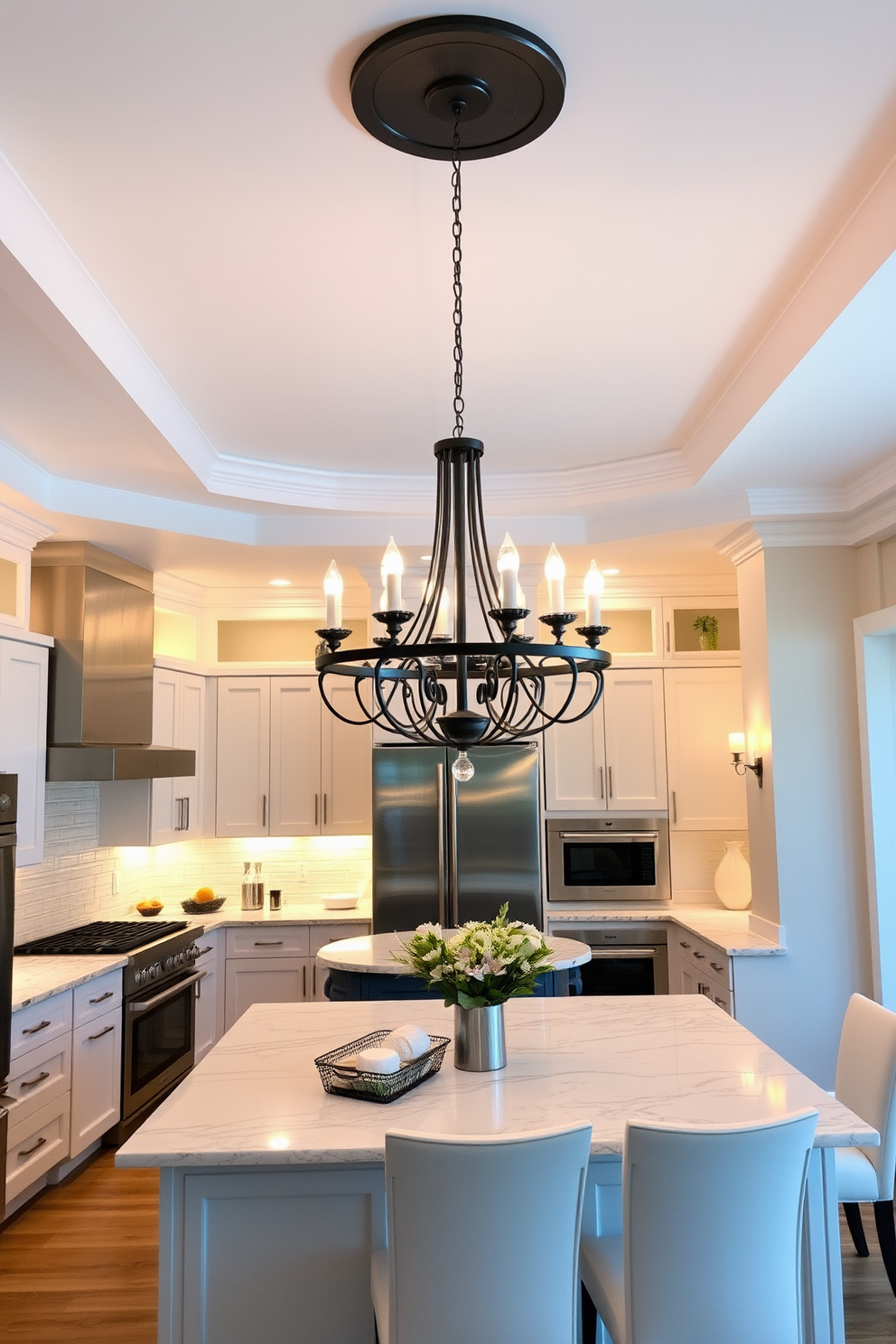 Create a kitchen lighting design featuring pendant clusters that enhance the overall ambiance. The arrangement should include varying heights and styles of pendants, creating a dynamic visual interest above the kitchen island. Incorporate warm tones and materials that complement the kitchen's color palette. The lighting should provide both functionality and a cozy atmosphere, making the space inviting for cooking and entertaining.