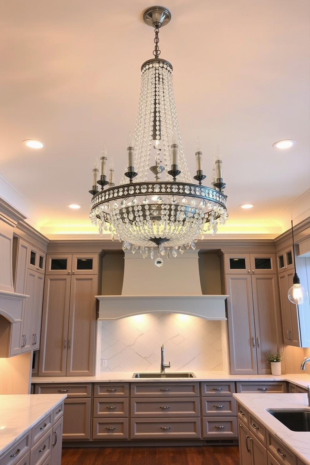 A stunning dining area features a grand chandelier suspended from a high ceiling, illuminating a long wooden table set for an exquisite dinner. The chandelier is adorned with crystal accents that reflect light beautifully, creating a warm and inviting atmosphere. In a modern kitchen, pendant lights hang above a spacious island, providing both functionality and style. The sleek design of the lights complements the contemporary cabinetry and stainless steel appliances, enhancing the overall aesthetic of the space.