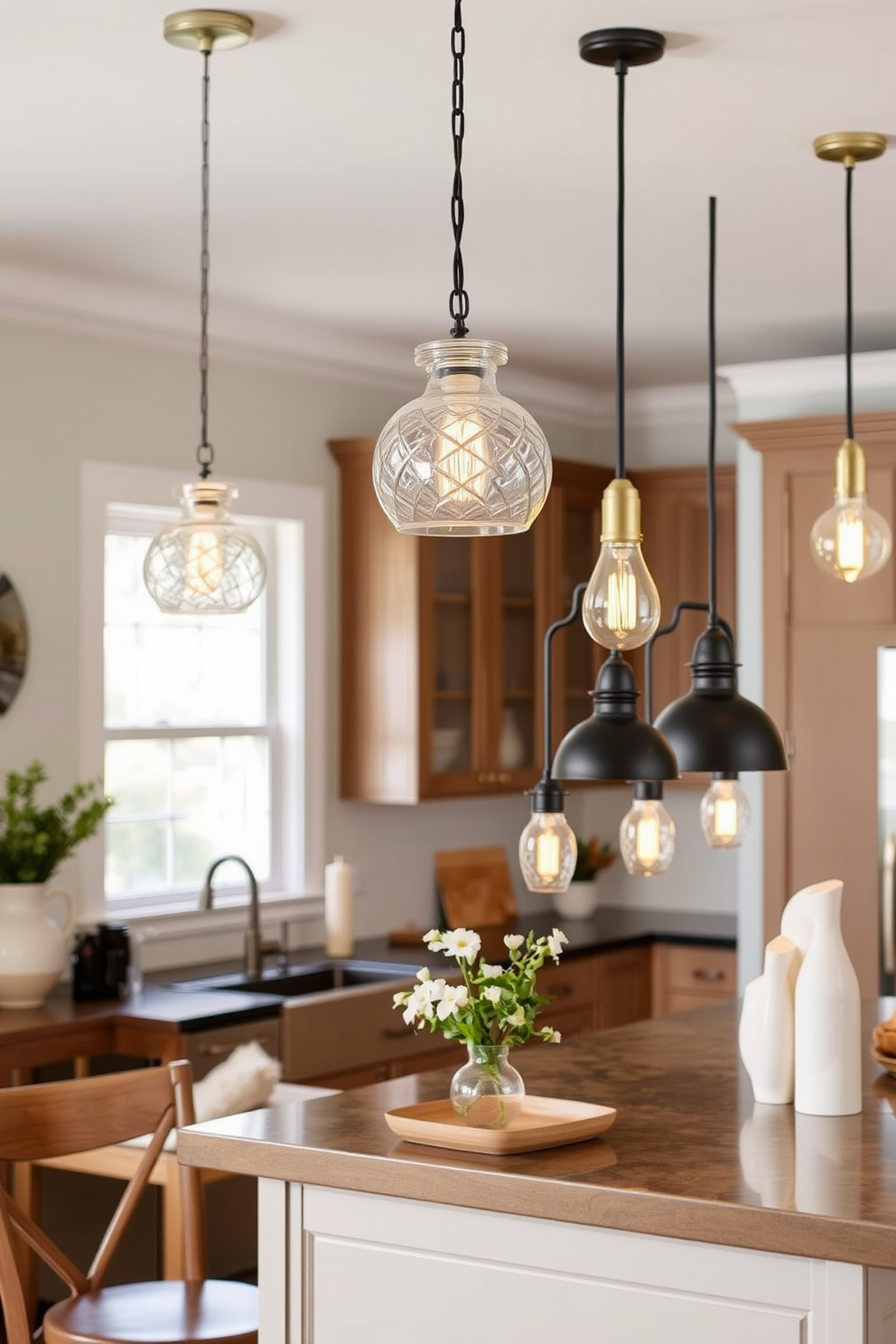 Mini pendants hang gracefully above a small dining table, casting a warm glow that enhances the cozy atmosphere. The fixtures feature intricate glass designs that reflect light beautifully, complementing the surrounding decor. In the kitchen, a series of mini pendants are strategically placed over the island, providing both functionality and style. Each pendant showcases a unique finish, ranging from polished brass to matte black, harmonizing with the overall kitchen aesthetic.