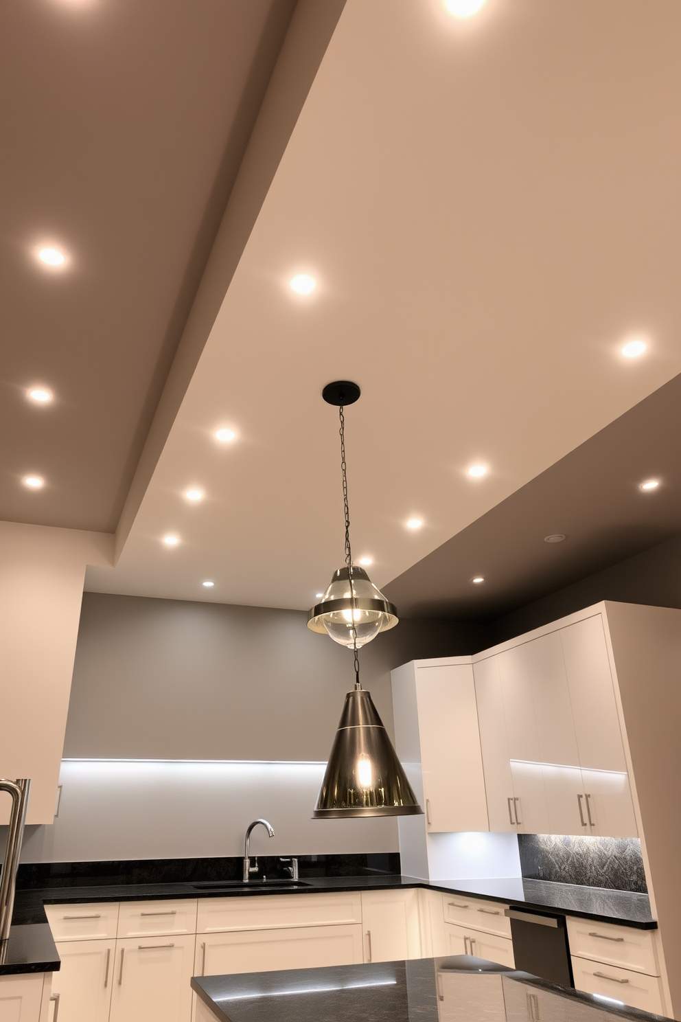 A modern kitchen with recessed lighting that creates a sleek and sophisticated atmosphere. The ceiling features multiple recessed lights that illuminate the space evenly, highlighting the glossy white cabinetry and the dark granite countertops. Under-cabinet lights add a warm glow to the workspace, enhancing the functionality of the kitchen. A stylish pendant light hangs above the island, providing a focal point while complementing the overall design.