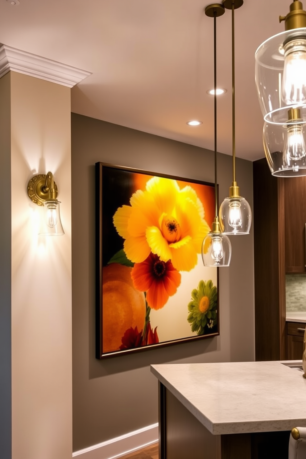 A modern kitchen featuring sleek track lighting that allows for adjustable illumination throughout the space. The track lights are positioned strategically above the island and countertops, creating a warm and inviting atmosphere for cooking and entertaining.