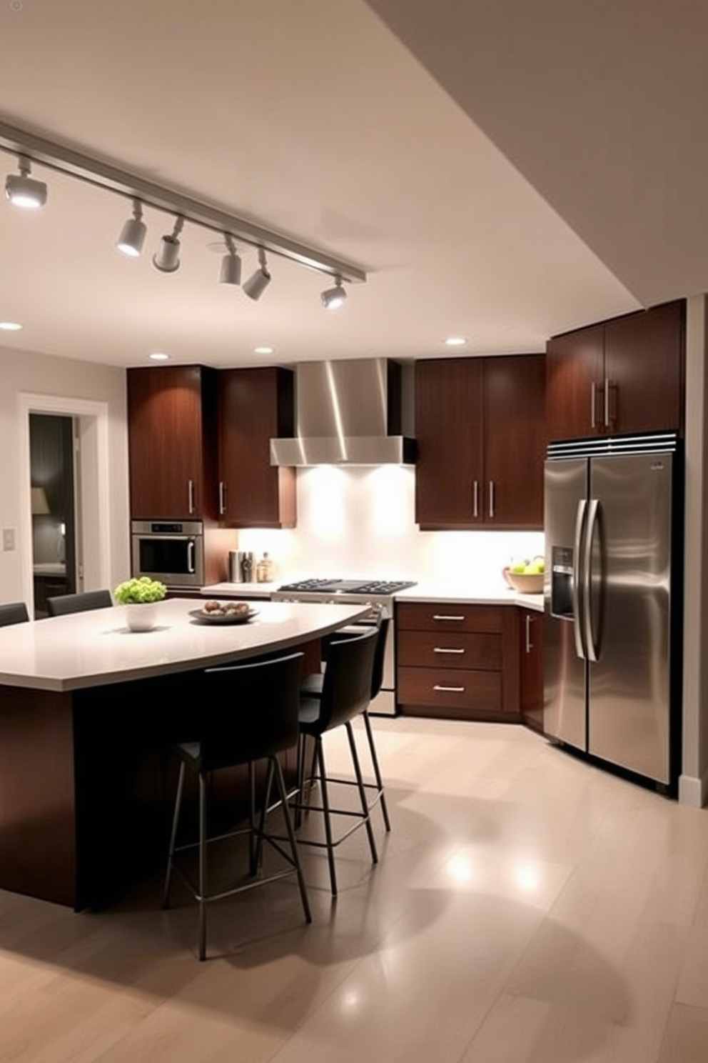 A modern kitchen featuring sleek track lighting that allows for adjustable illumination. The track is mounted on the ceiling, highlighting the spacious island with bar stools and the elegant cabinetry. Warm white LED lights create a welcoming ambiance while emphasizing the stainless steel appliances. The lighting is strategically positioned to enhance the cooking area and provide focused task lighting over work surfaces.