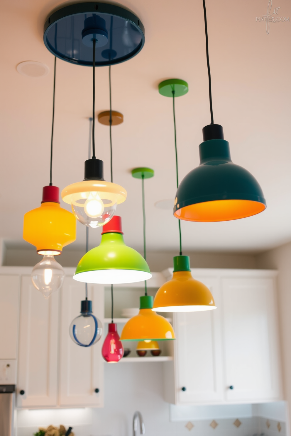 Colorful pendant lights hang from the ceiling, adding vibrant accents to the kitchen space. The lights feature a variety of shapes and sizes, creating a playful atmosphere while illuminating the countertops below.