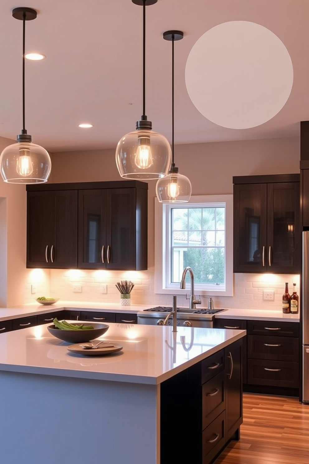 A modern kitchen featuring caged pendant lights hanging above a central island. The island is topped with a sleek granite surface and surrounded by high-backed stools in a contrasting color. The walls are exposed brick, adding to the industrial vibe, while the cabinetry is painted in a deep navy blue. Soft under-cabinet lighting highlights the countertops, creating a warm and inviting atmosphere.