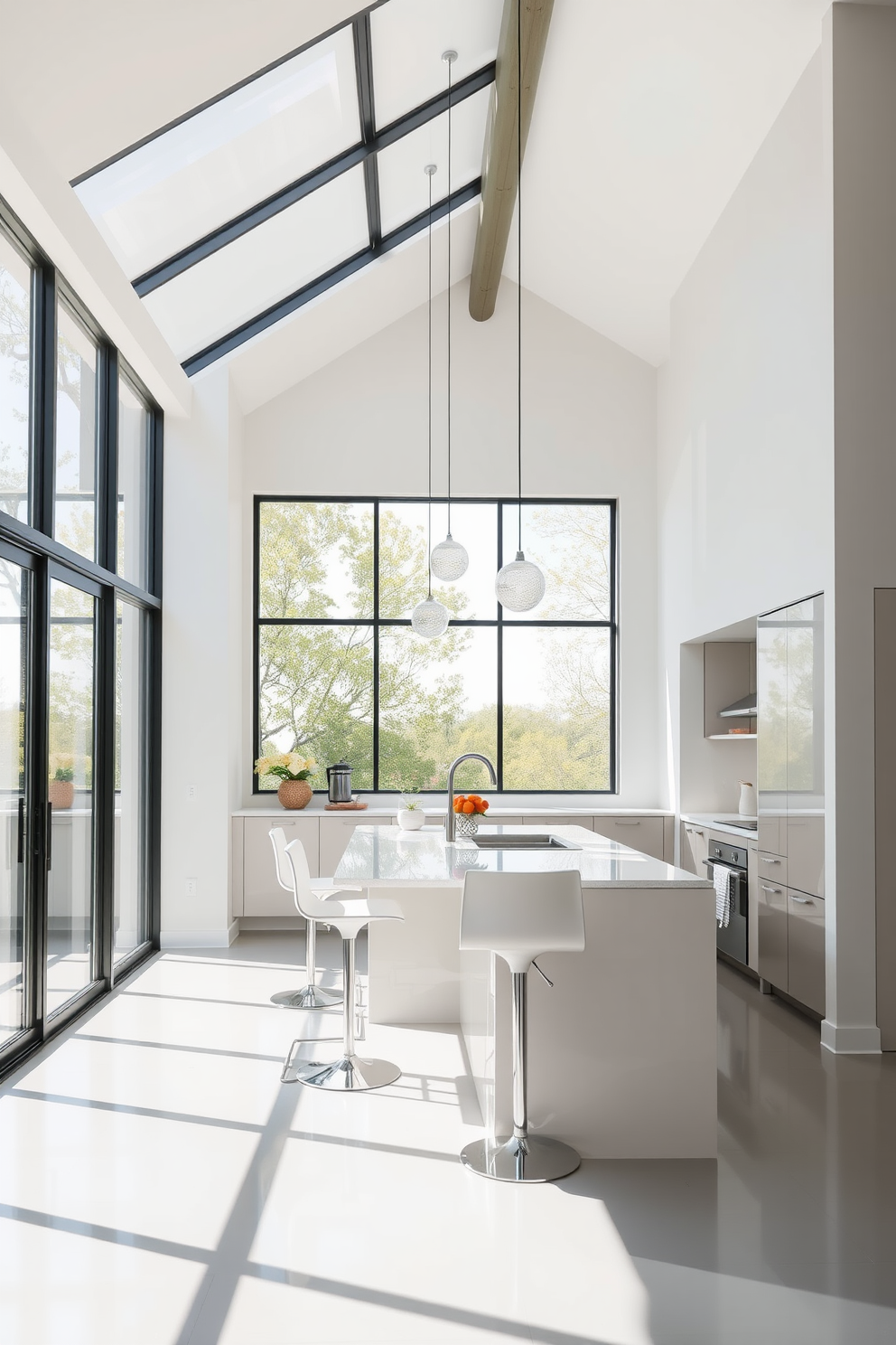 A bright and airy kitchen bathed in natural light from large floor-to-ceiling windows. The space features a central island with sleek bar stools, complemented by pendant lights that create a warm and inviting atmosphere.