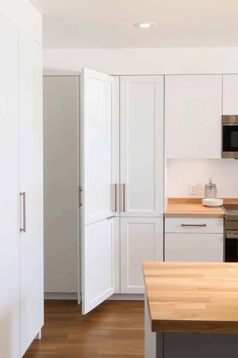 A sleek modern kitchen featuring minimalist white pantry cabinets that blend seamlessly with the overall decor. The cabinets are equipped with simple handleless designs and are accented by a light wood countertop, creating a clean and airy atmosphere.