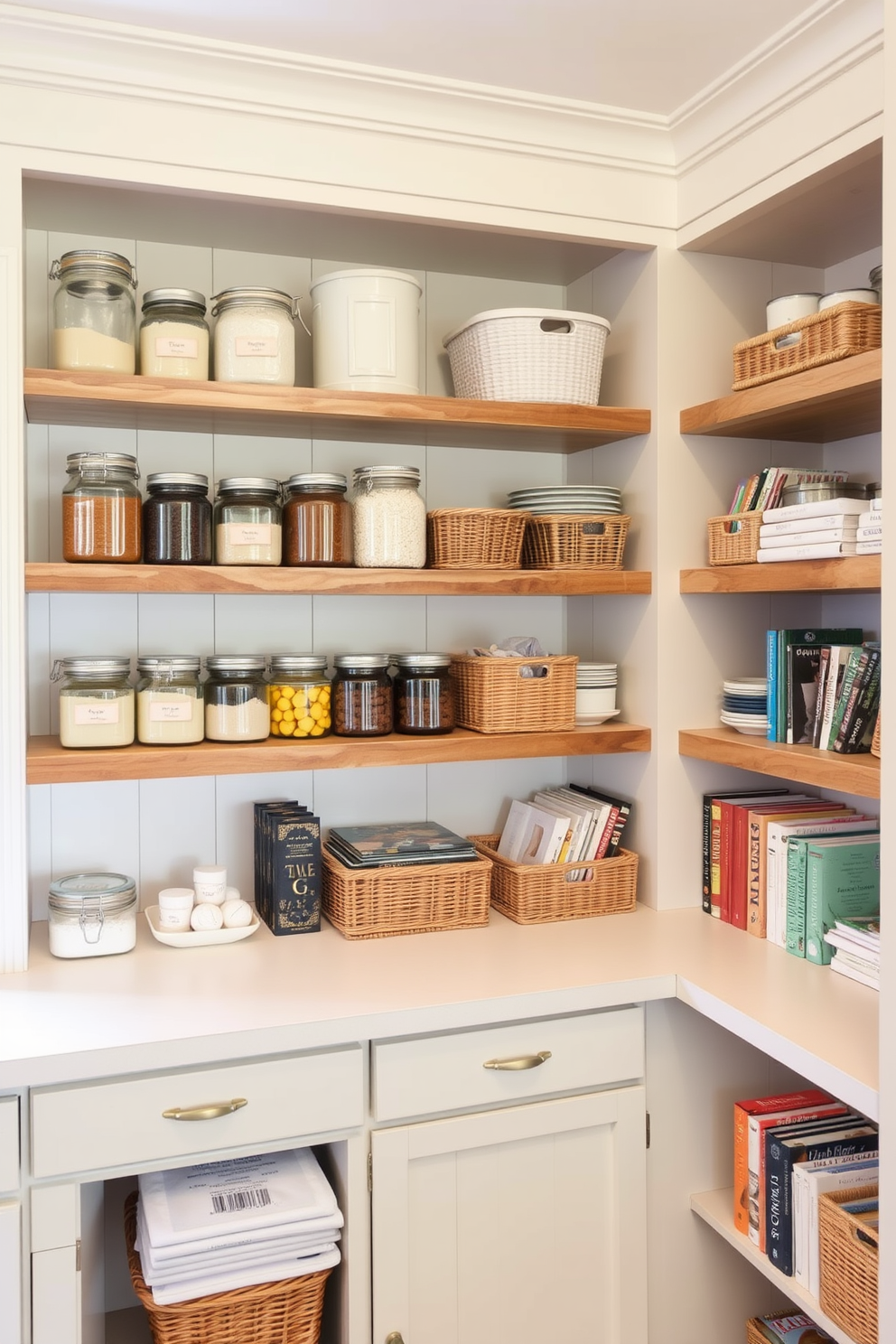 A kitchen pantry featuring ladder-style shelves made of reclaimed wood, providing easy access to all items. The shelves are filled with neatly organized jars, baskets, and cookbooks, with a warm, inviting color palette of soft whites and earthy tones.