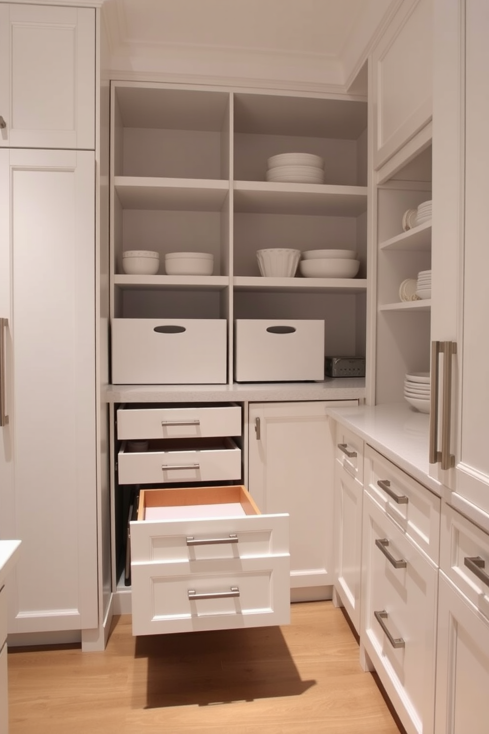 A spacious pantry featuring pull-out drawers for optimal organization. The cabinets are finished in a soft white color, with sleek handles that add a modern touch.