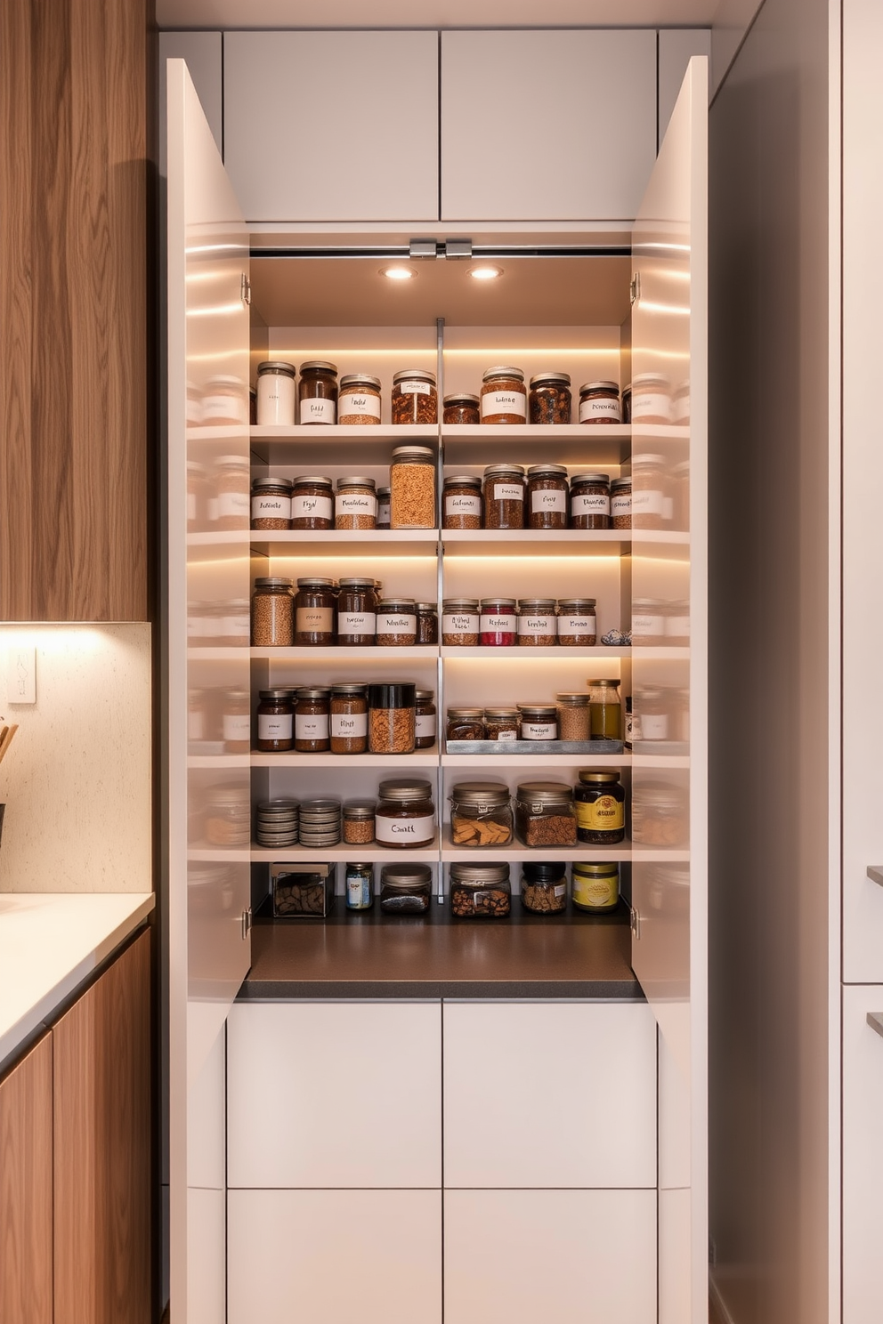 A compact pantry featuring sleek foldable doors that seamlessly blend into the kitchen cabinetry. Inside, organized shelves display an array of jars and containers with labels, maximizing space while maintaining a clean aesthetic. The pantry is illuminated with warm LED lighting, creating an inviting atmosphere. A small countertop area allows for easy access to frequently used items and enhances functionality.