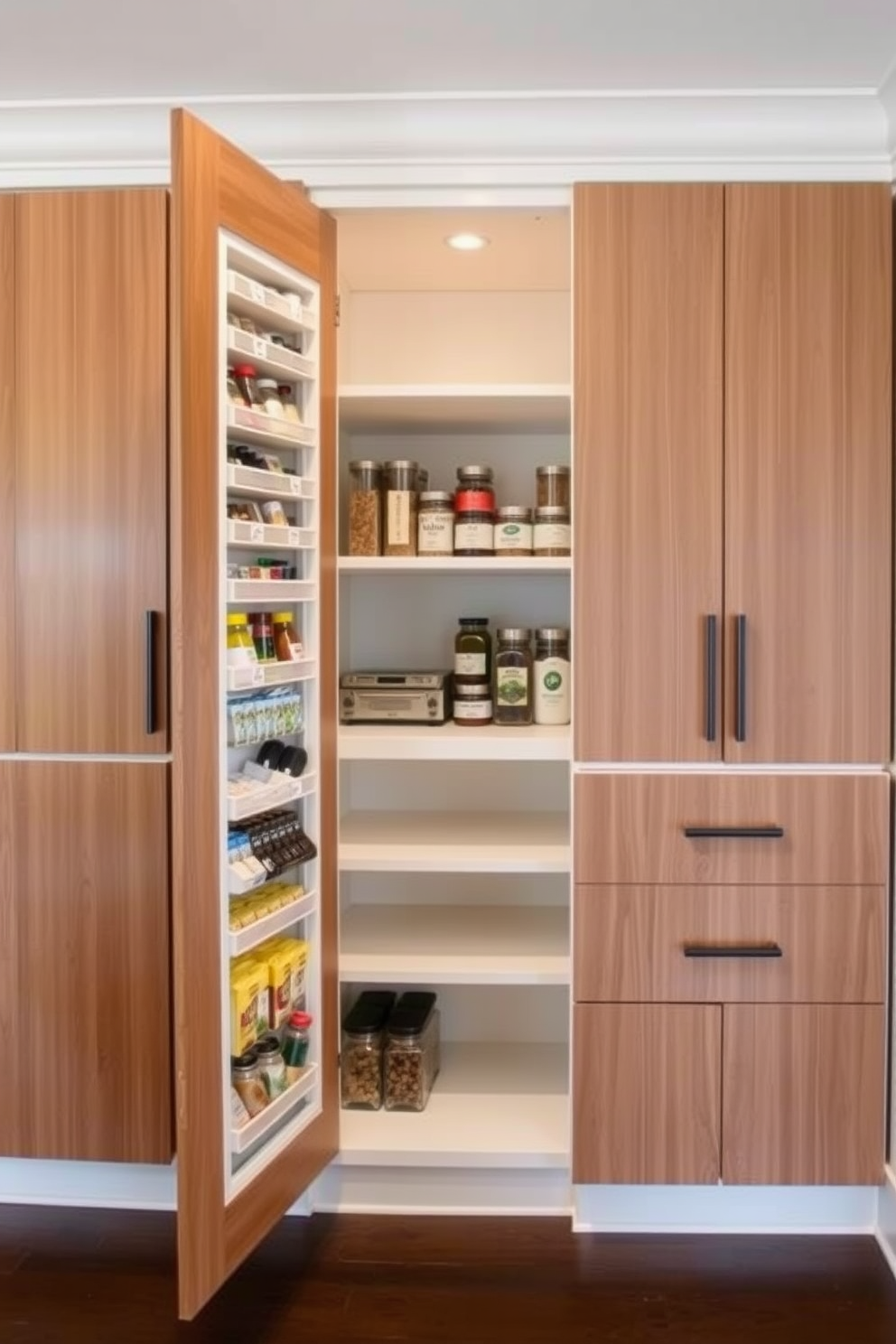 Custom cabinetry with spice rack inserts creates a functional and organized kitchen pantry. The design features sleek wood finishes and ample shelving for optimal storage and accessibility.